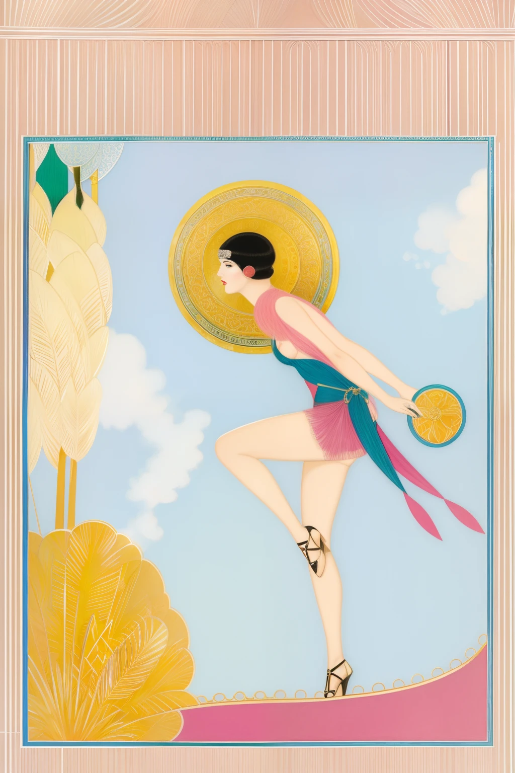 pintura de uma mulher em um traje de banho segurando um pandeiro, inspirado em George Barbier, art deco painting, Uma pintura Art Deco, art deco flower shaman, art deco shaman, art deco illustration, Directed by: George Barbier, Art Deco dos anos 1920, Art Deco era), Enoque Bolles, Art Deco Inspired, ( ( ( Art Deco ) ) )