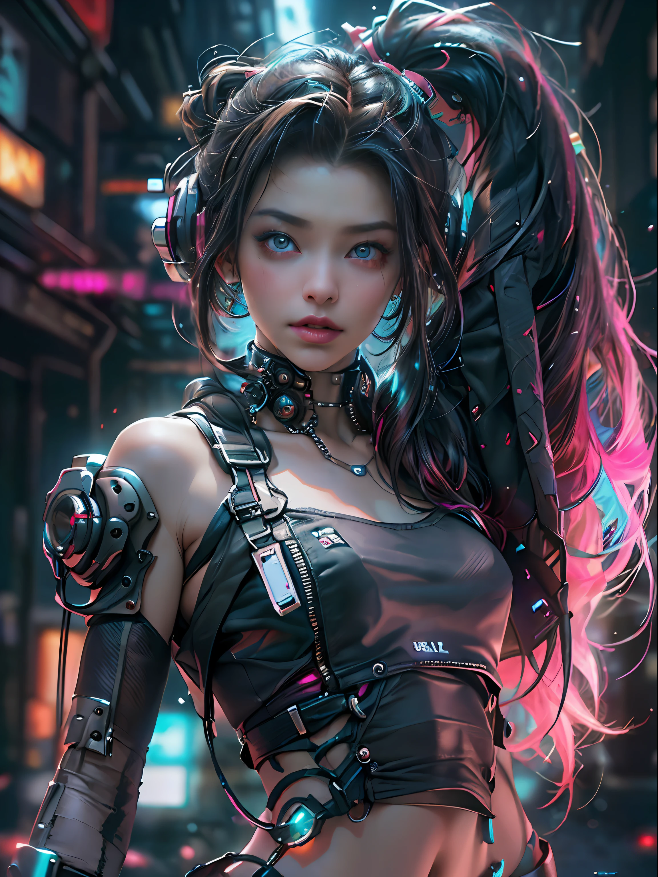 cyber punk Girl,(top-quality、8K、32K、​masterpiece、nffsw:1.3)、(The ultra -The high-definition)、(Photorealsitic:1.4)、Raw photography,Perfect eyes,Charming perfect figure,actionpose:1.2,Detailed cyberpunk fashion、World of Cyberpunk,depth of fields,blurry backround,、