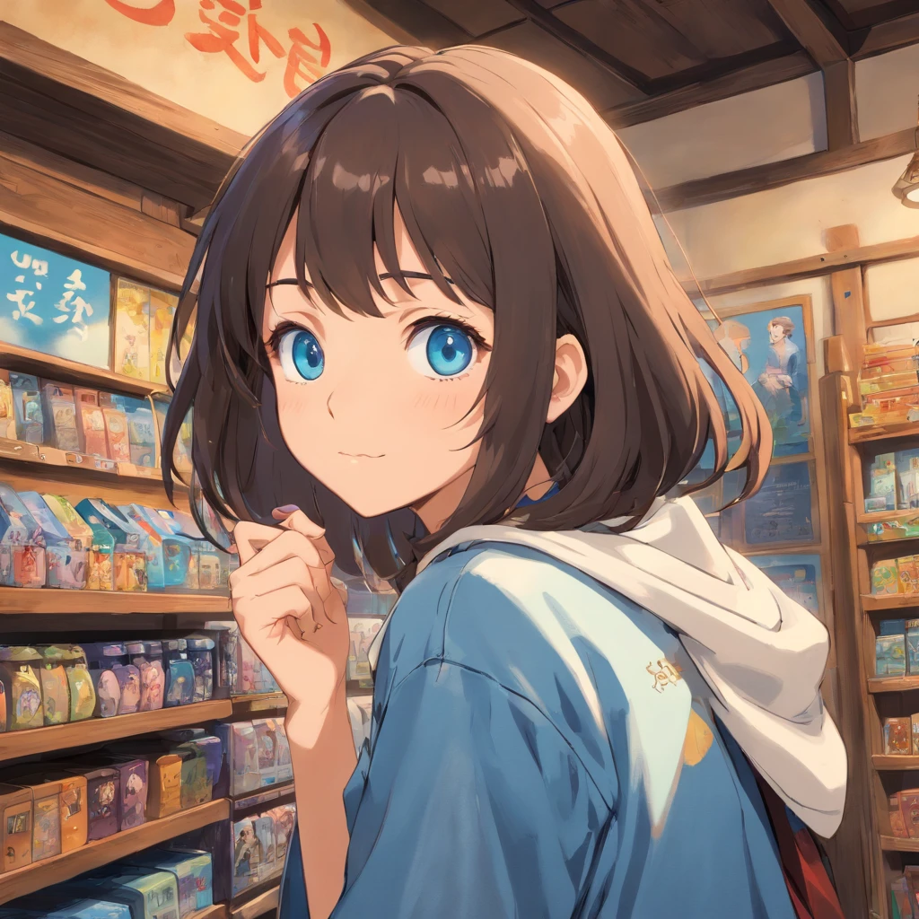 A young woman, com cabelo preto curto, olhos azuis, camiseta preta, cara bonita, seios grandes, blue jeans, sorriso no rosto, eyes looking at camera, na sala da escola,com saco de lixo