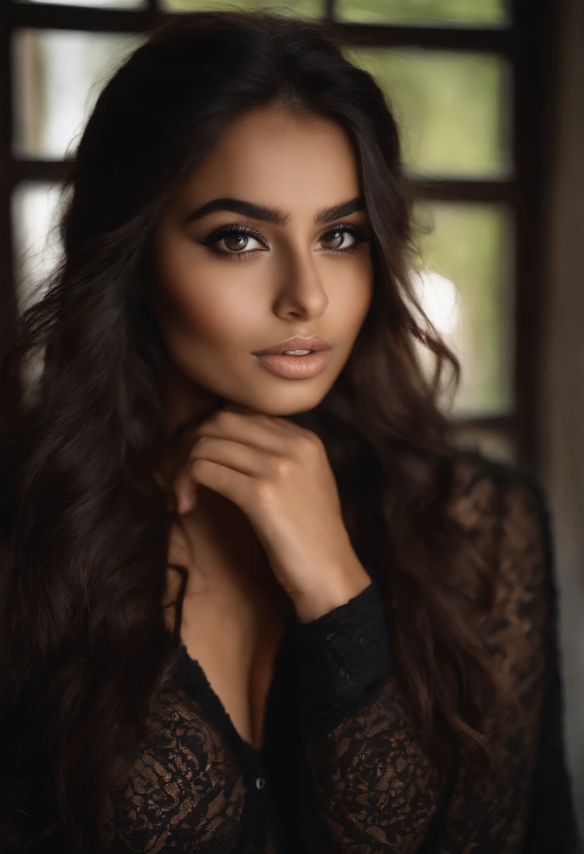 indian woman with black clothes, fille sexy aux yeux bruns, Portrait Sophie Mudd, cheveux bruns et grands yeux, selfie of a young woman,  maquillage naturel, looking straight at camera, Visage avec Artgram, Maquillage subtil, Superbe photo du corps entier, dans la chambre, clivage