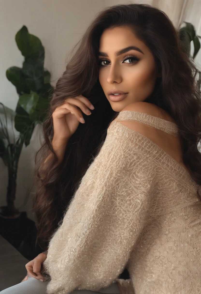 indian woman with black clothes, fille sexy aux yeux bruns, Portrait Sophie Mudd, cheveux bruns et grands yeux, selfie of a young woman, maquillage naturel, looking straight at camera, Visage avec Artgram, Maquillage subtil, Superbe photo du corps entier, dans la chambre, clivage
