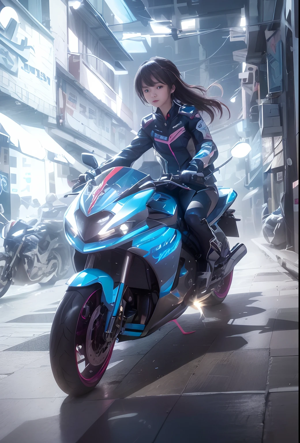 Highest image quality, outstanding details, ultra-high resolution, (realism: 1.4), the best illustration, favor details, highly condensed 1girl, with a delicate and beautiful face, dressed in a blue and fuschia mecha, wearing a mecha helmet, holding a directional controller, riding on a motorcycle, the background is a high-tech lighting scene of the future city.