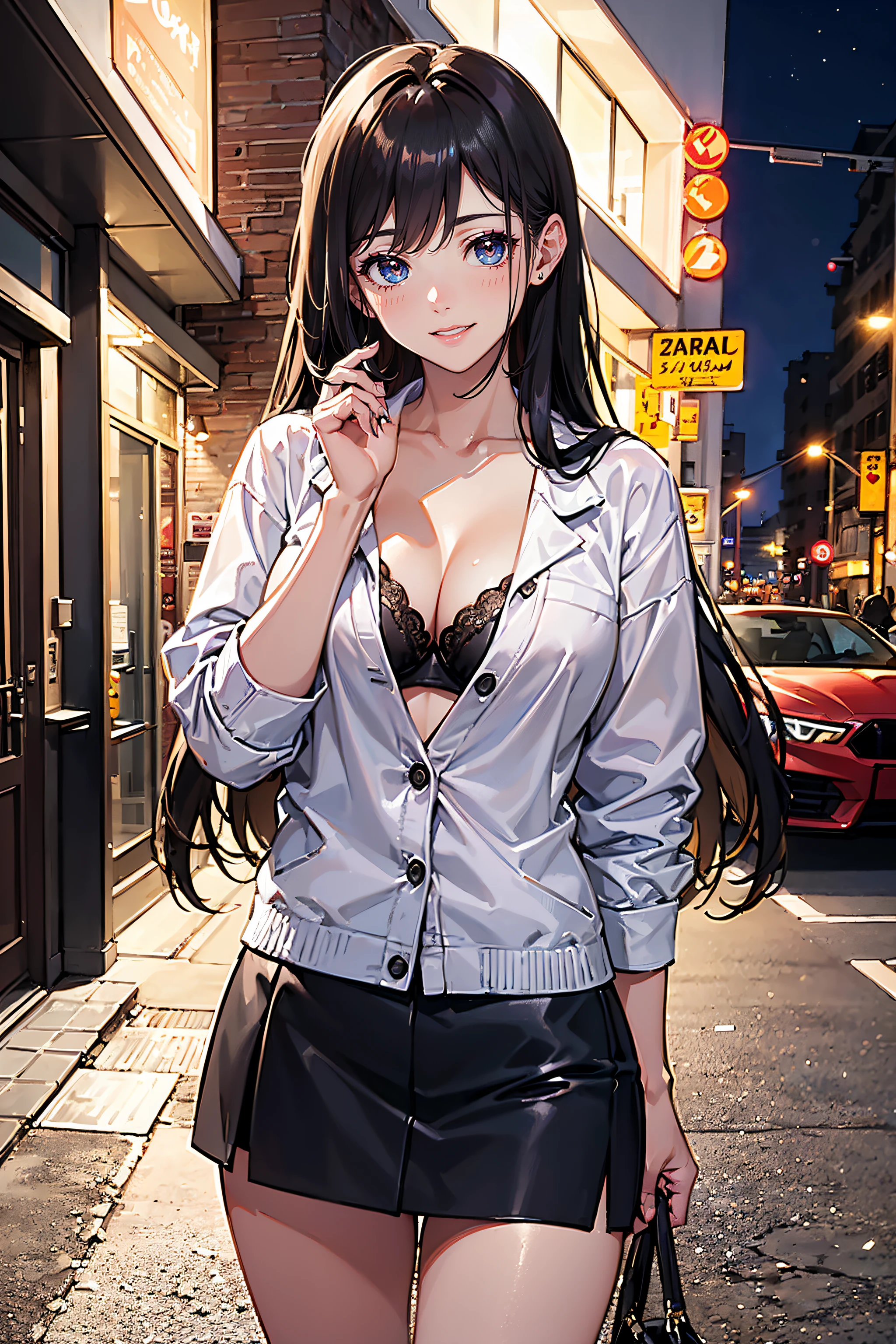 ((Currently, a cute and beautiful woman is changing her underwear)), ((22-year-old beauty)), ((embarrassed smile)), ((luscious long hair)), ((miniskirt)), (( Gradient Eyes)), ((Background is a city night view)), Attractive Makeup, Scenery, NFSW, UHD, Retina, Masterpiece, Accurate, Anatomical, Scientifically Correct, Textured Skin, Super Detail, High Detailed, High Quality, Award Winning, Top Quality, High Definition, 1080P, HD, 4K, 8k, 16k