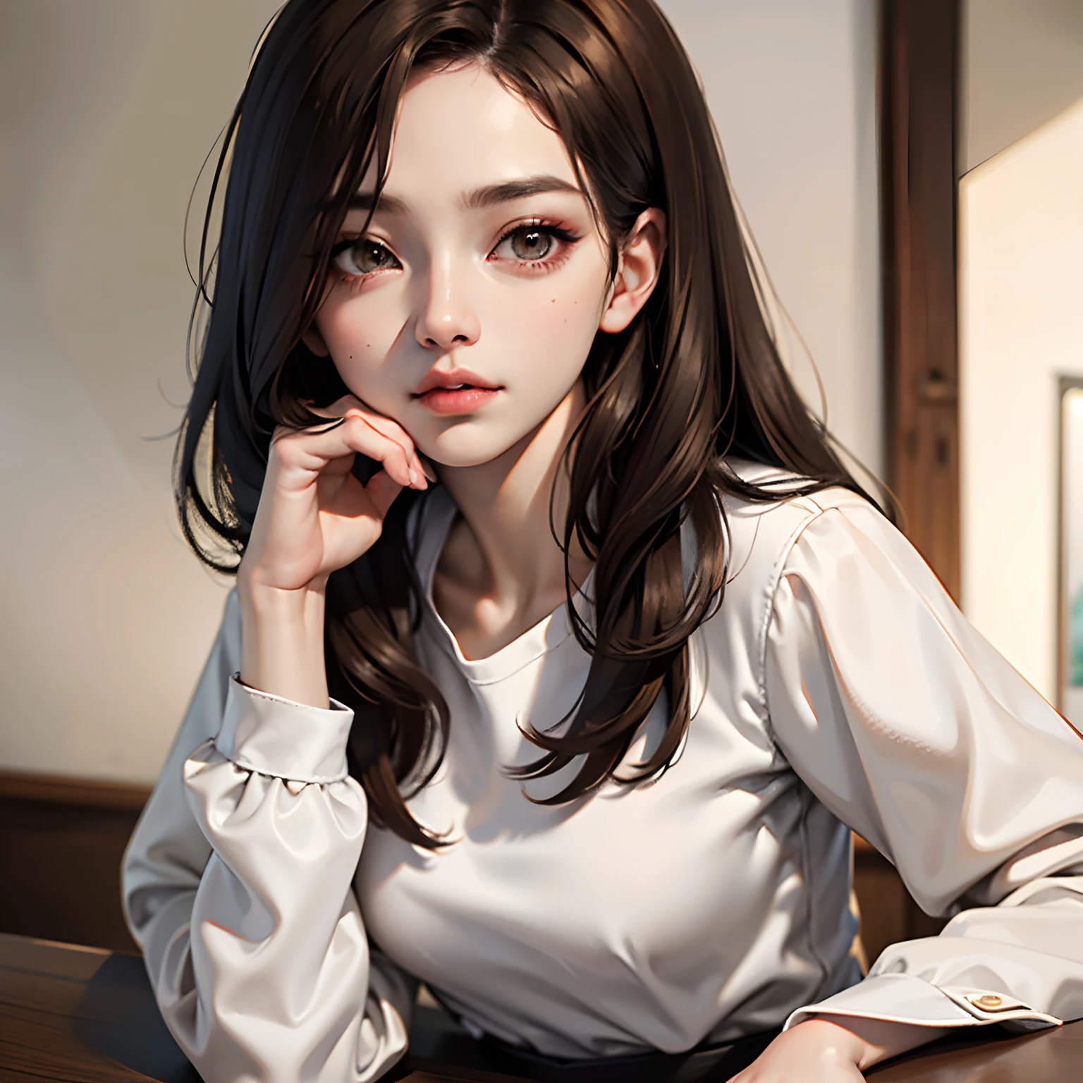 (masterpiece:1.2, best quality), (real picture, intricate details), 1lady, solo, upper body, casual, long brown hair, pretty makeup, natural fabrics, close-up face, narrow eyes, biting lips, office, white jacket, black shirt, Long cotton trousers