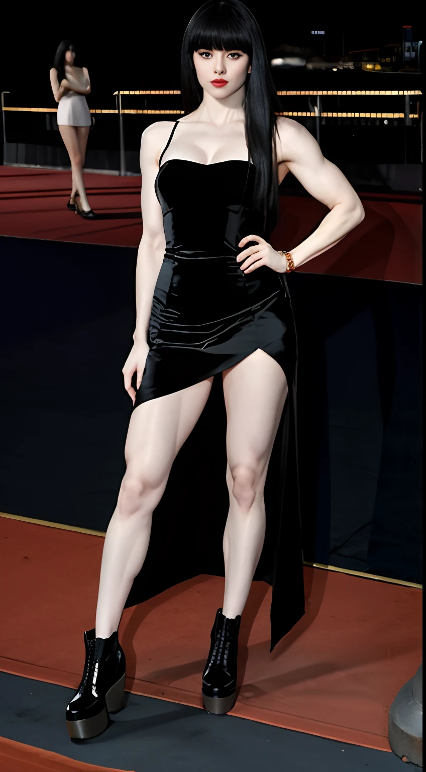 girl, pale skin, muscular body, toned biceps, thick legs, toned legs, muscular legs, long black hair with bangs, black evening dress with slits on the legs, platform combat boots, in the red carpet