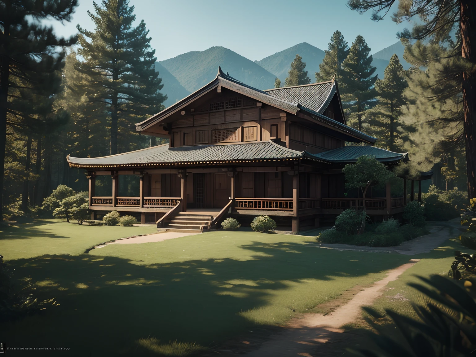 Photorealistic Production, (Landscape Image of a Big Wooden Joglo House at the Green Mountain Hill, Surrounded by Pine Trees), Bird's Eye View, Wide Scene Shot, Dynamic Angle, View From Front, Movie Still, Insane Details, Intricate Scene Details, Cinematic Shot and Lighting, Bokeh Effect, Vibrant and Realistic Colors, Masterpiece, Sharp Focus, Ultra Detailed, Taken with DSLR Camera, Realistic Photography, Depth of Field, Incredibly Realistic Environment and Scene, Master Composition and Cinematography, Trending on Artstation--Style Raw