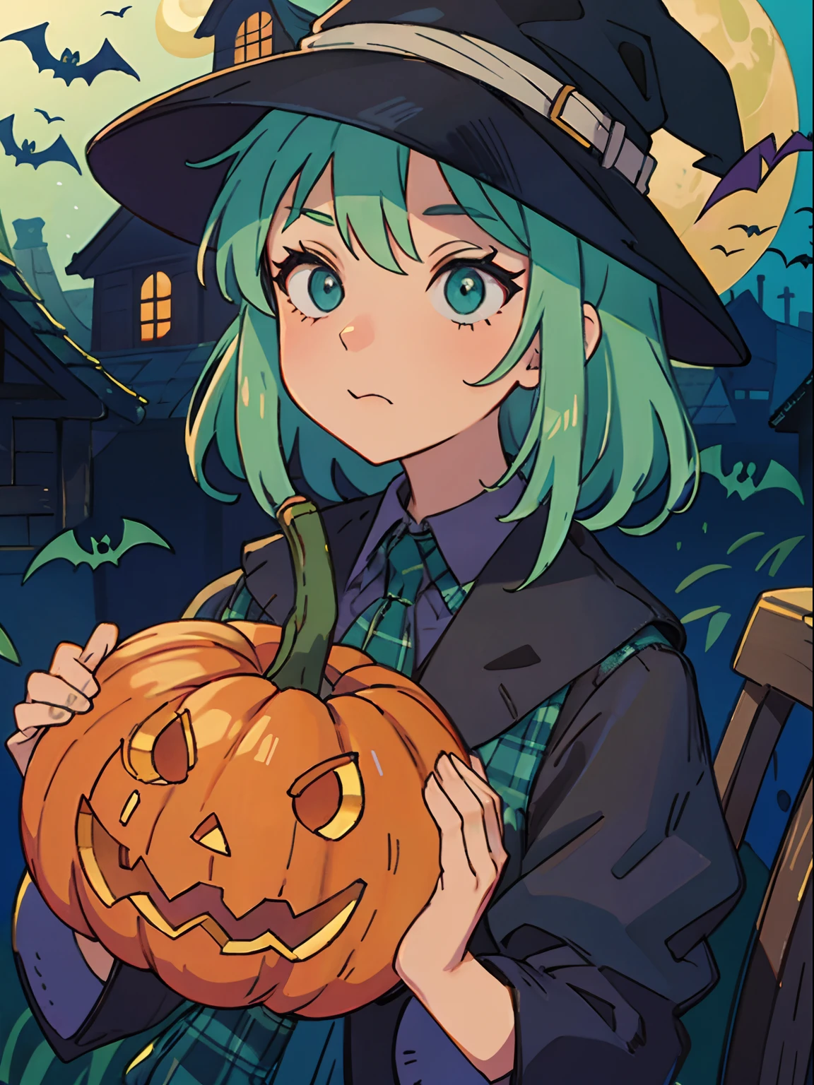 ((masterpiece:1.2, best quality)), 1girl, solo, (witch hat), a close up of a girl with curly hair, dress, aurora, night, star (sky), gloves, sky, dress, night sky, open mouth, starry sky, light blue eyes, ribbons, smile, cape, colorful hair, magic, casting spell, night, (impressionism:1.4), alphonse mucha, Halloween colors, colorful candy, magical lights, pumpkins, candies