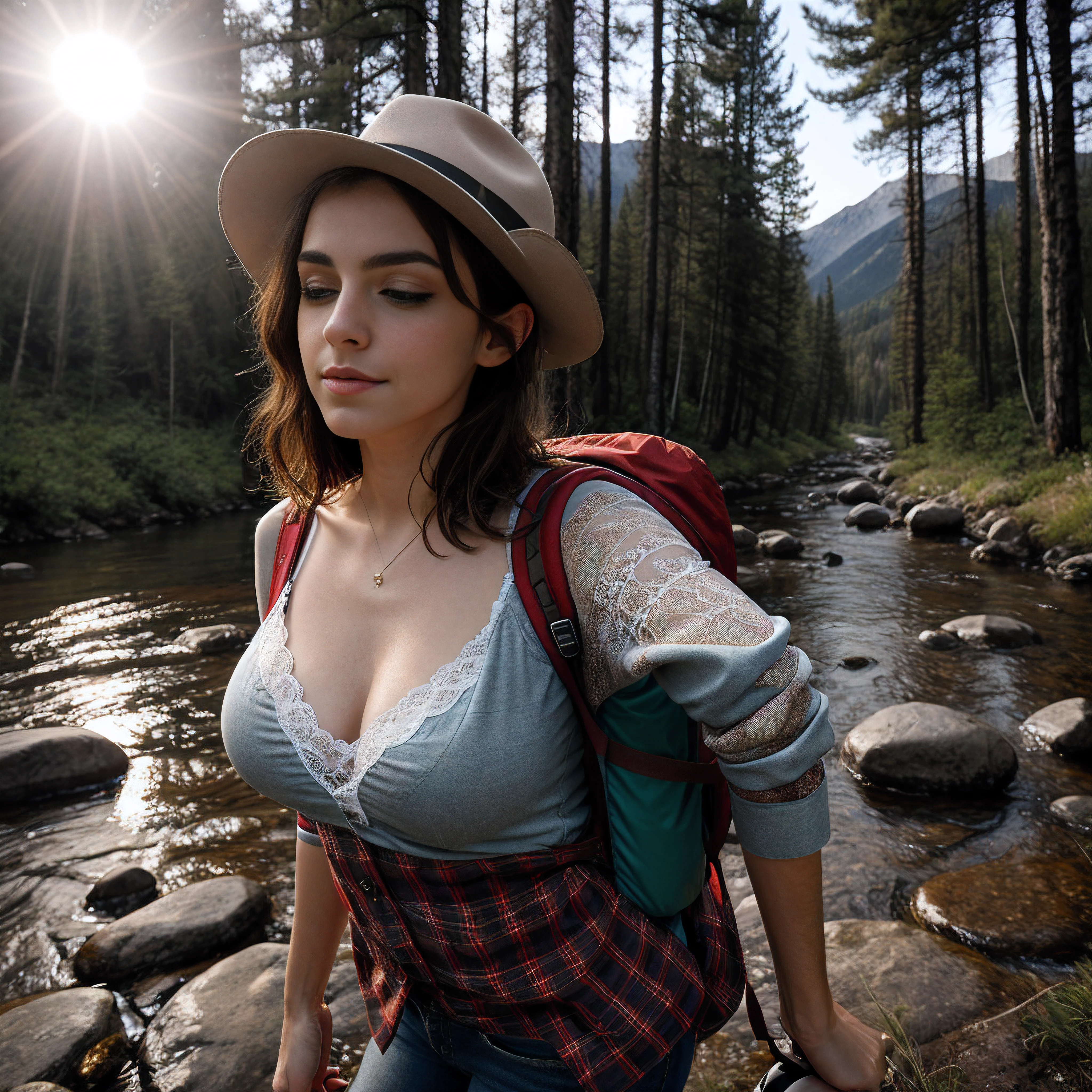 1 woman ((upper body selfie, happy)), masterpiece, best quality, ultra-detailed, solo, outdoor, (night), mountains, nature, (stars, moon) cheerful, happy, backpack, sleeping bag, camping stove, water bottle, country boot, country hat, red plaid shirt long sleeve open, lantern, forest, rocks, river, wood, smoke, shadows, contrast, clear sky, style, (warm hue,  warm tone: 1.2), close-up, cinematic light, side lighting, ultra high resolution, best shadow, RAW, upper body, wearing lingerie, seductive look, huge breasts, 4k, open neckline, sexy