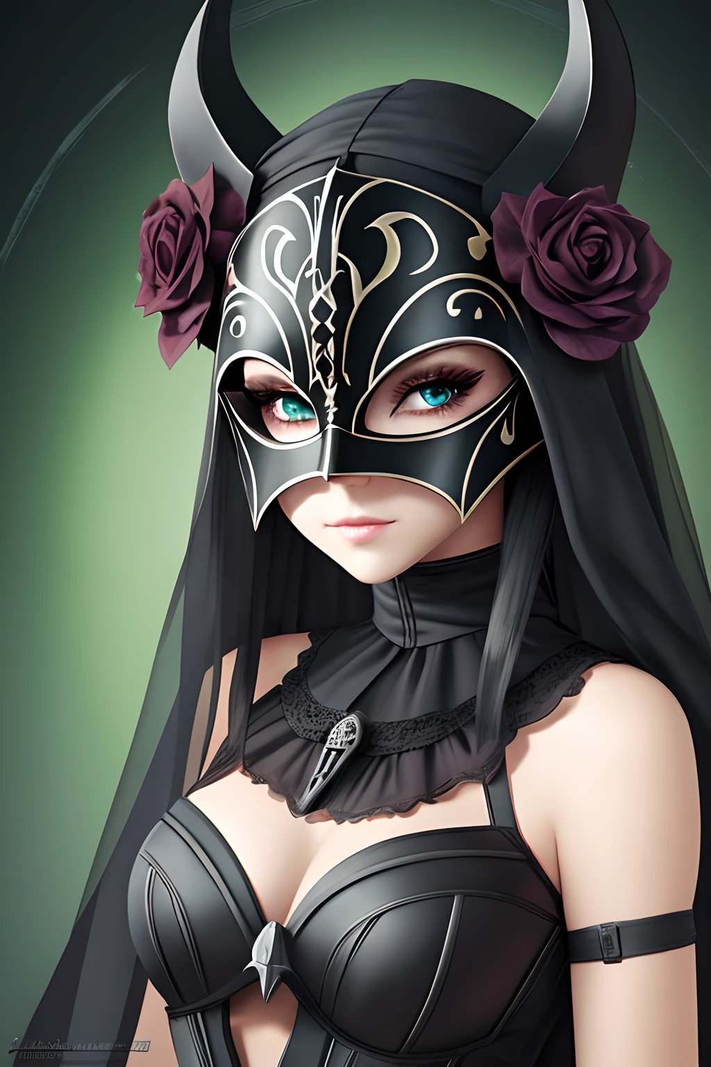 Darthvader masquerade outfit, medieval clothing, dark demonic, full face mask except eyes, detailed-green-eyes, female, woman, female outfit --auto --s2