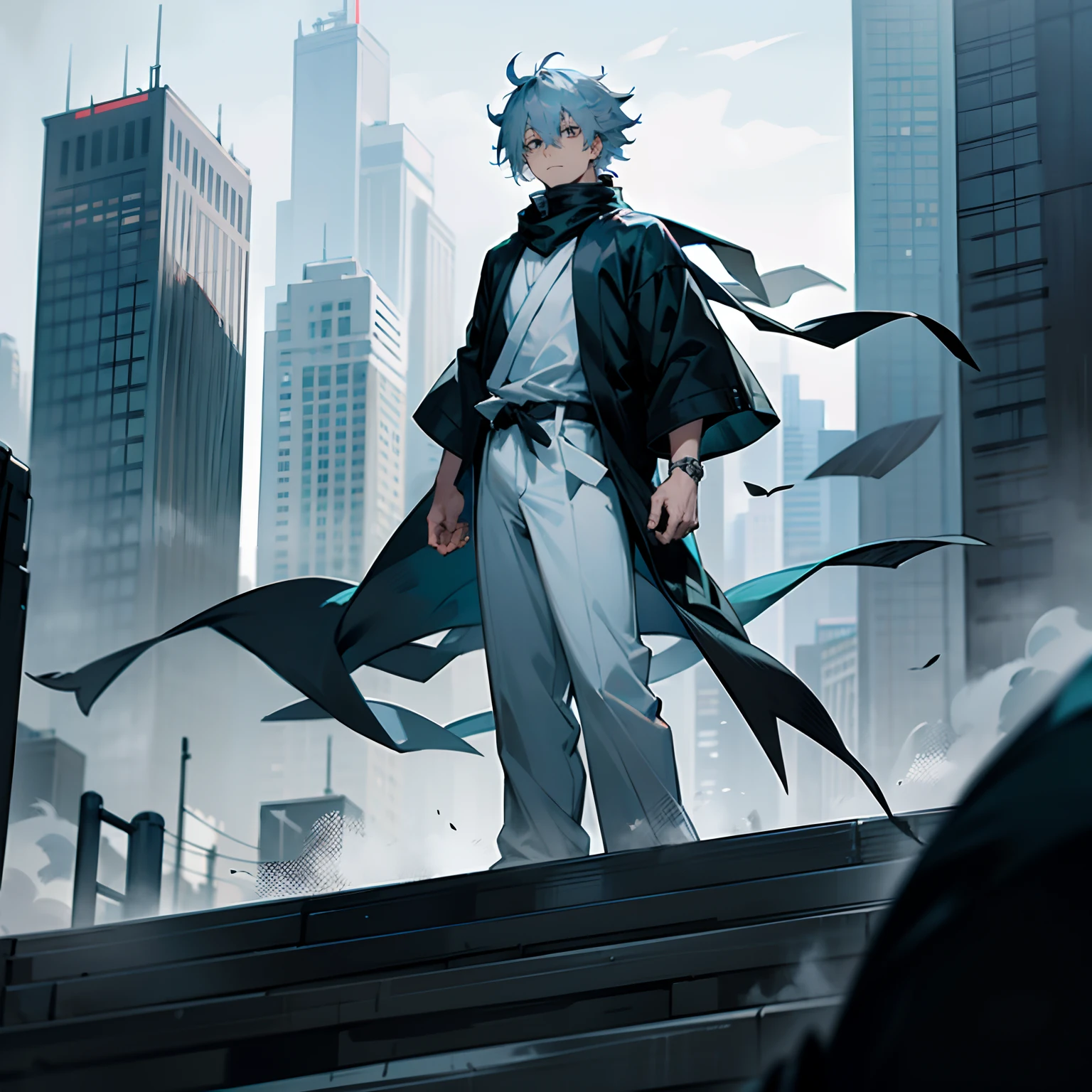 Greyish Blue hair , medium length hair , wolf cut hair, black shortsleeve shirt wearing white loose haori Ontop ,layered clothing, Jujutsu Kaisen , Black eyes , city setting, standing, 1male , spiky hair , messy hair , lean build , loose fitting white pants , black scarf around neck , 1male , detailed face