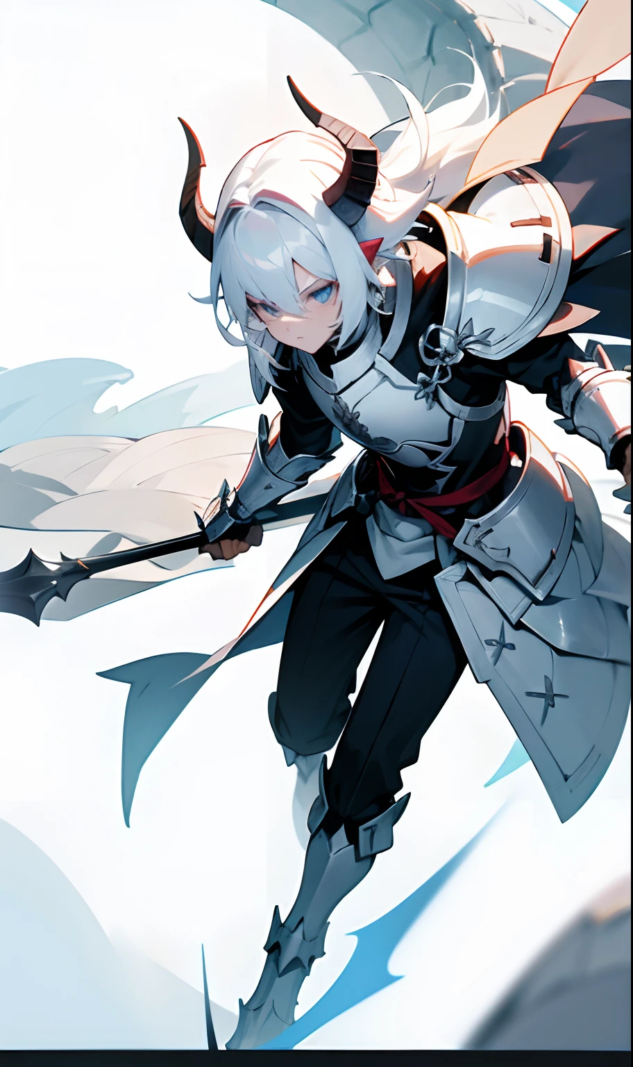 Boy in a dragon armor with white scales while his white hair runs through the helmet behind and in front pointy horns forward in the dragon helmet