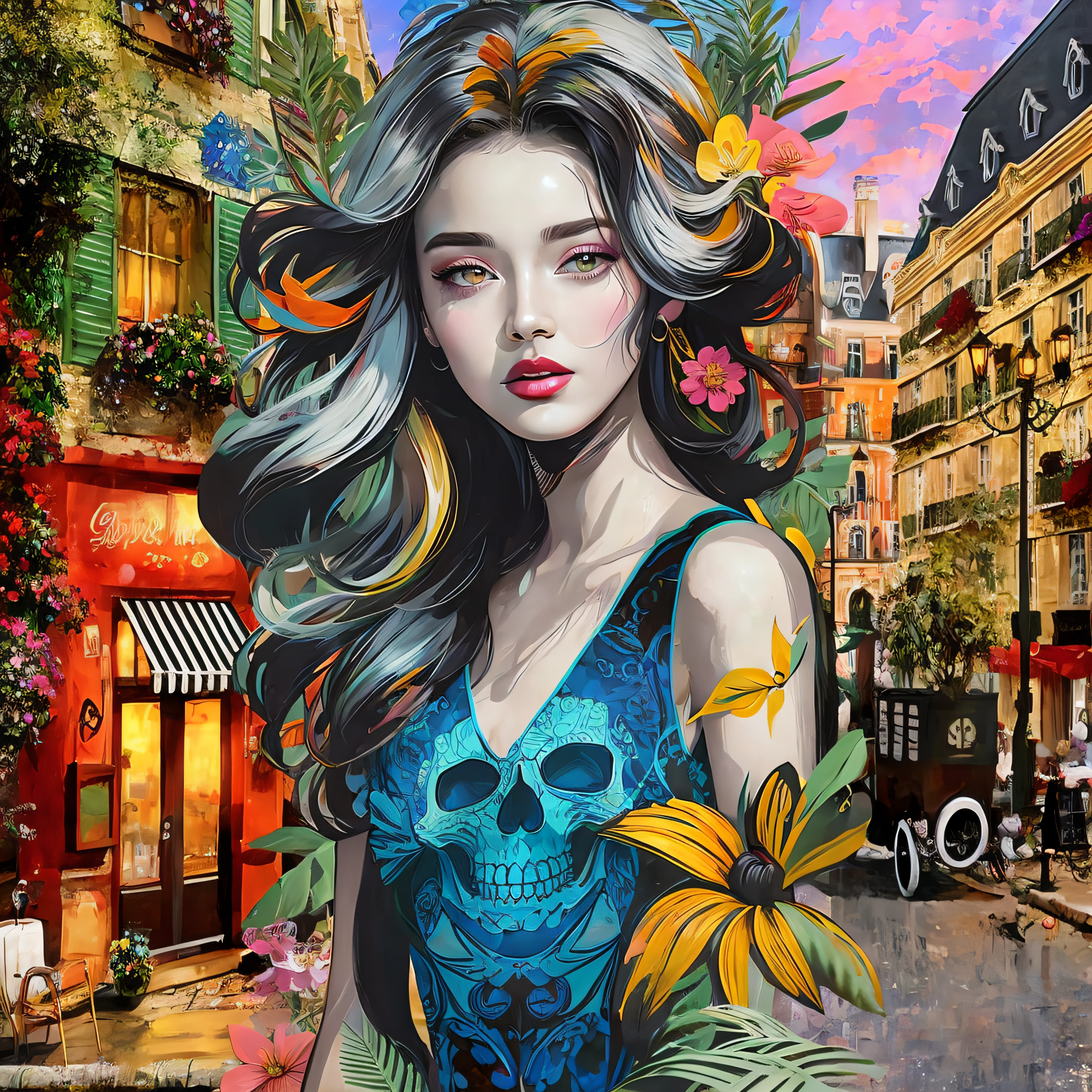 painting of a woman with a skull and flowers in her hair, in style of digital illustration, in style of digital painting, beautiful art uhd 4 k, beautiful digital art, beautiful gorgeous digital art, beautiful digital artwork, digital painting highly detailed, 4k highly detailed digital art, a beautiful artwork illustration, gorgeous digital art, highly detailed digital artwork