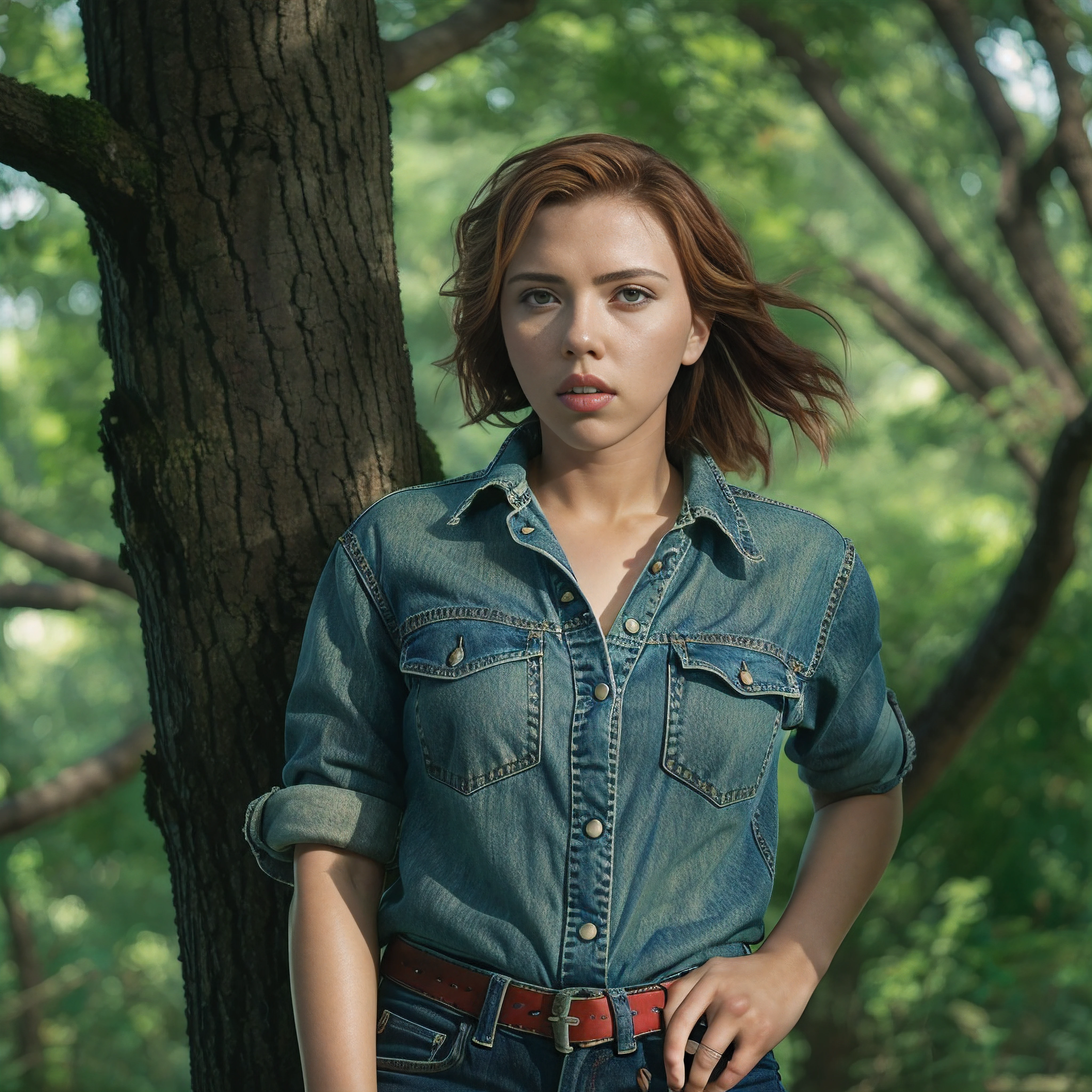 Scarlet Johansson, turtleneck, ripped women's denim shorts, 18 years old girl, full-length, hands behind her back, barefoot, Scarlet Johansson, beautiful face, beautiful eyes, outside, full-length, park, trees, eyes open, winning photo, best quality, home photo, upper body, Hannahovo, wind-blown black hair, Scarlet Johansson, film nikon d850 stock photography 4 camera kodak 400 lens f1.6 saturated colors hyper-realistic realistic texture,  Scarlet Johansson, natural light Unreal engine trending on Artstation Cinestill 800 (100mm lens)