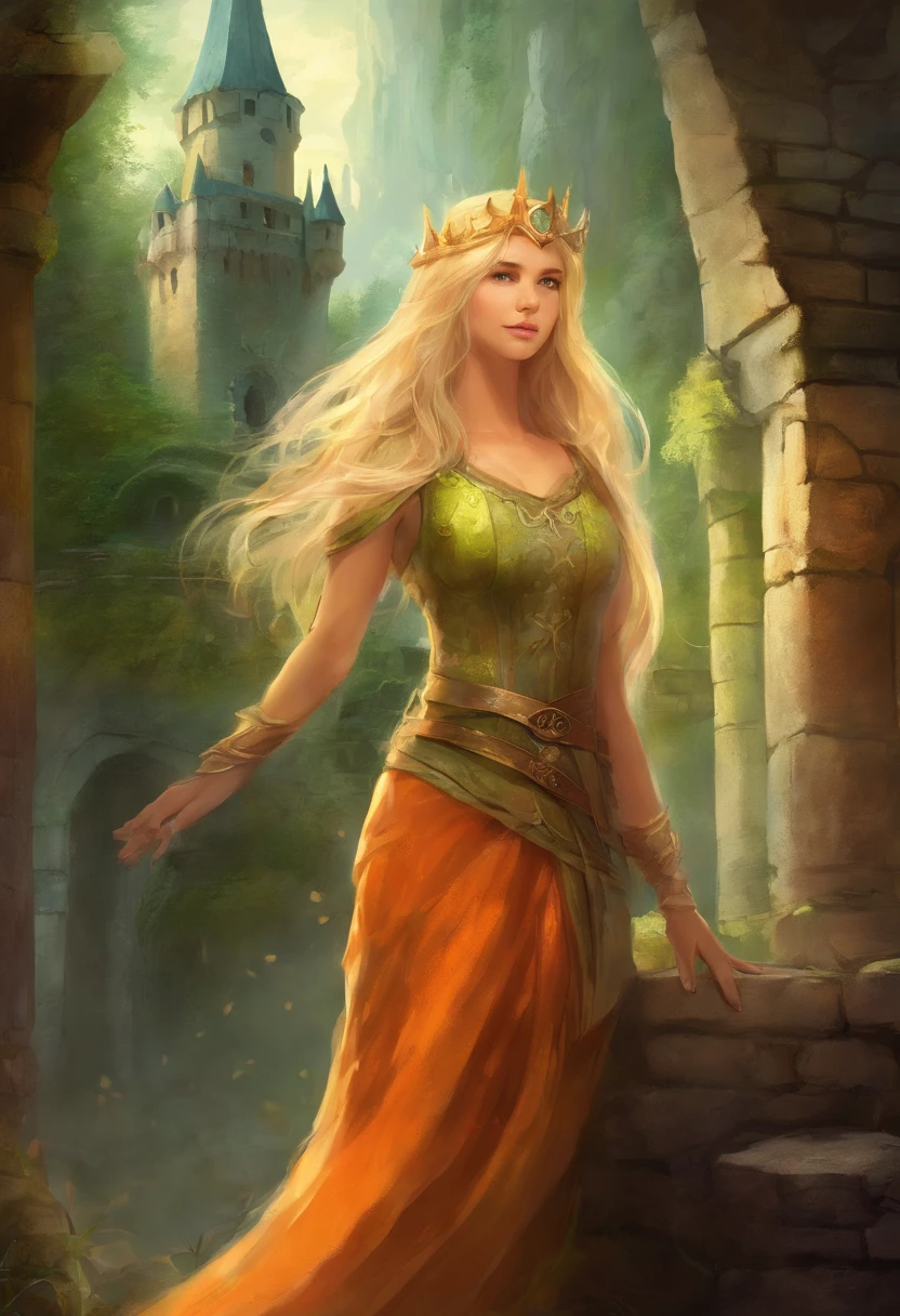 Blonde hair princess, With Adventure clothes r about 1ground in a medieval castle: Old mossy stone bricks with orange low lighting.