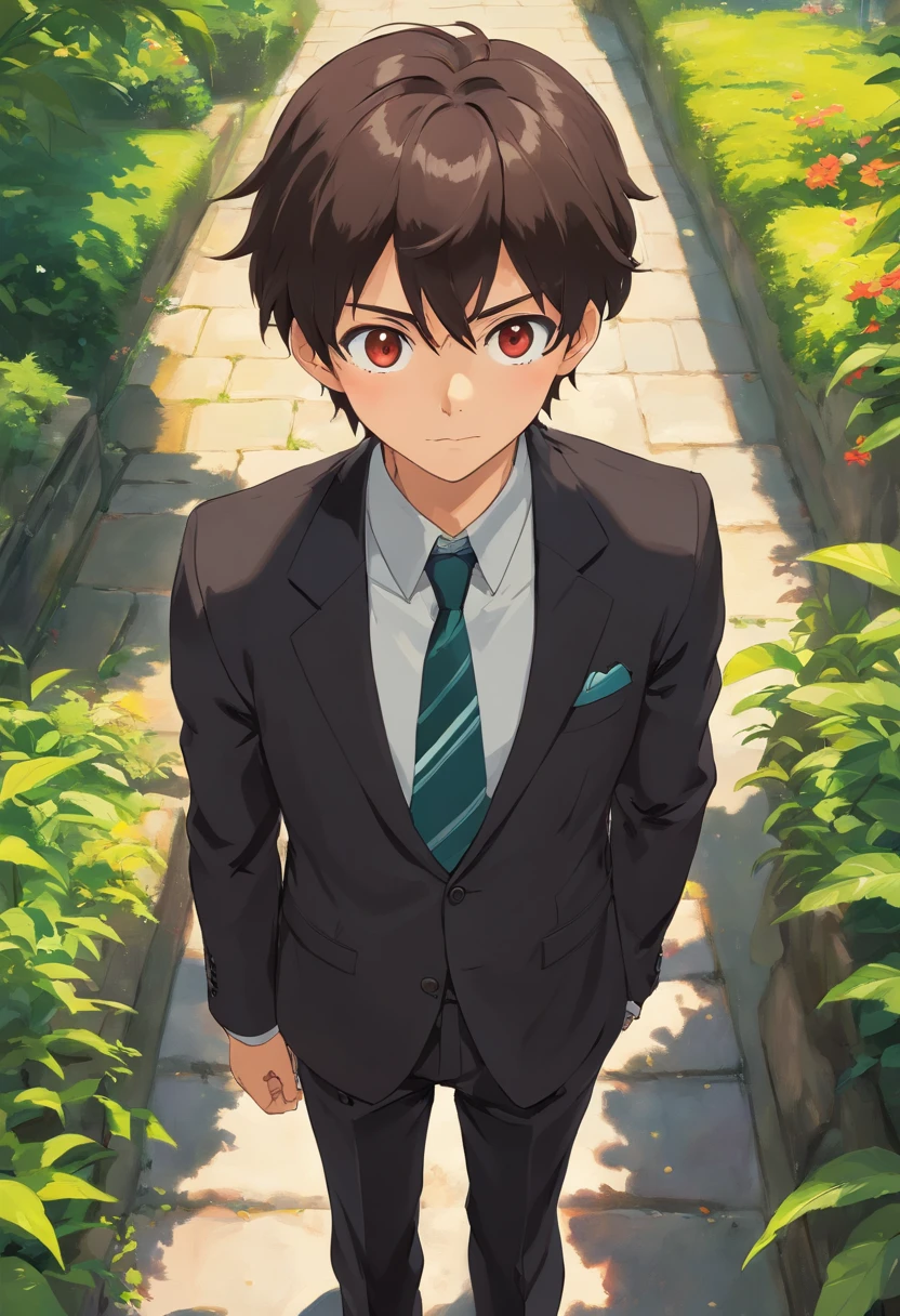 1boy, dark brown hair, reddish eyes, black suit with a tie, black suit pants, profundidade de campo, master part, best quality, 1 menino, cabelos pretos, olhos vermelhos, Terno Preto.