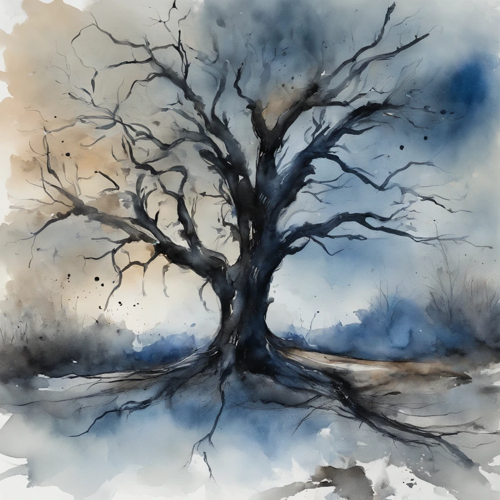 a distant dead tree branch, Starry night, Blue light on the horizon, Unreal Engine 5, Cinematic, low angle photography, Motion blur, Depth of field, Dust, Cobblestones and dirt. Splash Art, dripping paint. Perfect color grading. Influenced by Karel Appel and Jeremy Mann, Full of dramatic and threatening scenes, Hyper-detailed, Beautiful, insanely details, Intricate details, editorial photography, shot with a 50mm lens, Depth of field, Tilt Blur, Shutter speed 1/1000, f/22. Lightmaps, Super bright