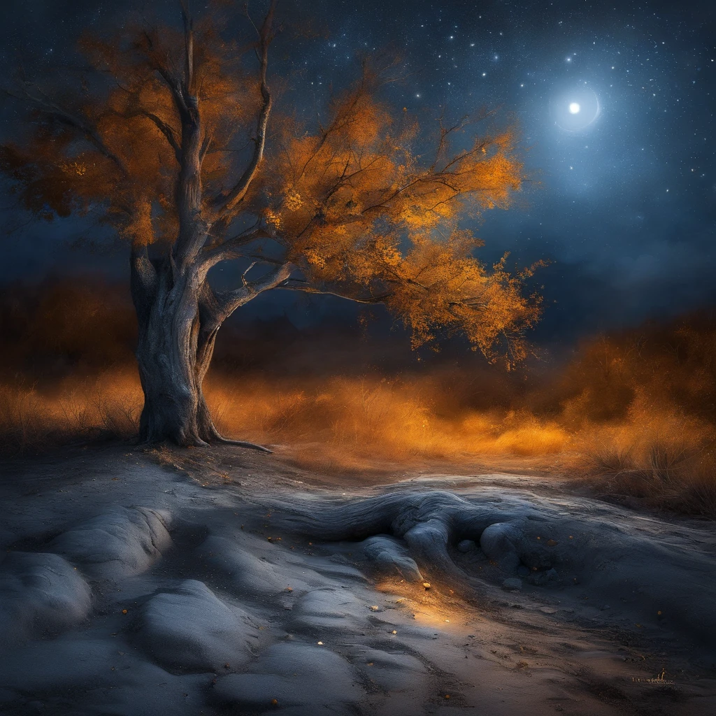 a distant dead tree branch, Starry night, Blue light on the horizon, Unreal Engine 5, Cinematic, low angle photography, Motion blur, Depth of field, Dust, Cobblestones and dirt. Splash Art, dripping paint. Perfect color grading. Influenced by Karel Appel and Jeremy Mann, Full of dramatic and threatening scenes, Hyper-detailed, Beautiful, insanely details, Intricate details, editorial photography, shot with a 50mm lens, Depth of field, Tilt Blur, Shutter speed 1/1000, f/22. Lightmaps, Super bright