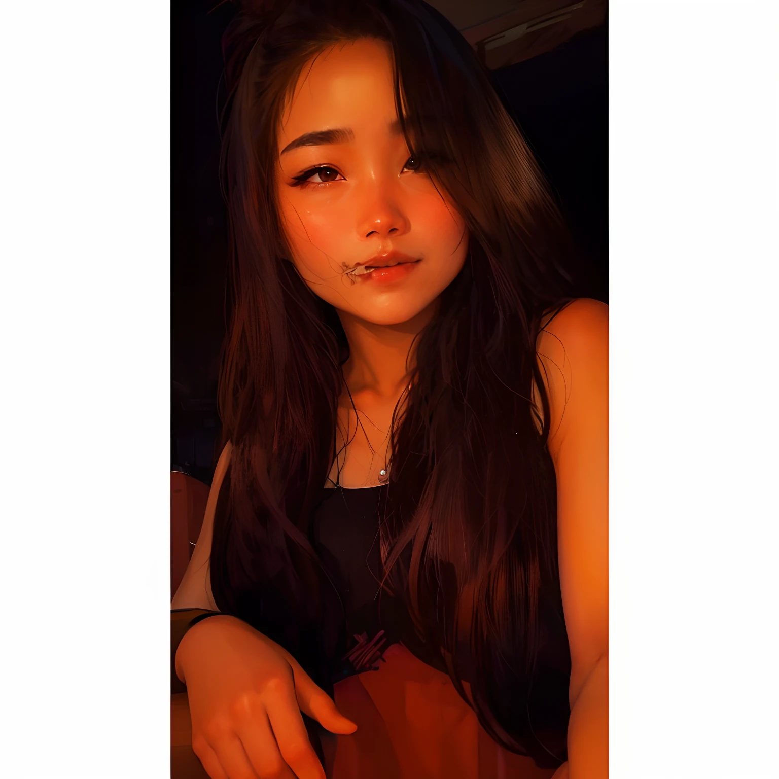 there is a woman sitting at a table with a cake, 18 years old, cindy avelino, 1 8 yo, 1 6 years old, she is about 1 6 years old, with long hair, 21 years old, 2 2 years old, 2 3 years old, (((low light))), very low quality, uploaded, ayahausca, headshot