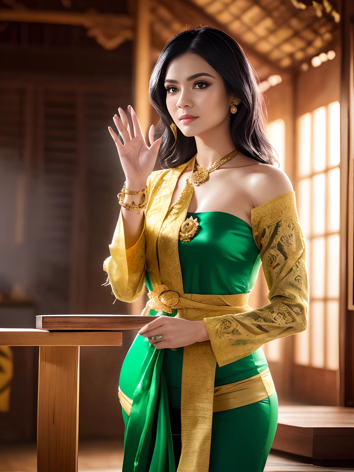 Photorealistic Production, (One Person), (Realistic Image of a 25 Years Old British Female Model), (Shoulder-level Wavy Black Hair:1.6), (Pale Skin:1.4), (Wearing a Green Ornated Kebaya Dress with Silk Cloth and Golden Jeweleries:1.6), (Cheerful Face), (Deep Cleavage), (Waving a Hand Pose:1.4), (Dimly Lit Wooden House Interior:1.6), Centered, (Waist-up Shot:1.4), Dynamic Angle, View From Front, Movie Still, Insane Details, Intricate Scene Details, Cinematic Shot and Lighting, Bokeh Effect, Vibrant and Realistic Colors, Masterpiece, Sharp Focus, Ultra Detailed, Taken with DSLR Camera, Realistic Photography, Depth of Field, Incredibly Realistic Environment and Scene, Master Composition and Cinematography, Trending on Artstation--Style Raw