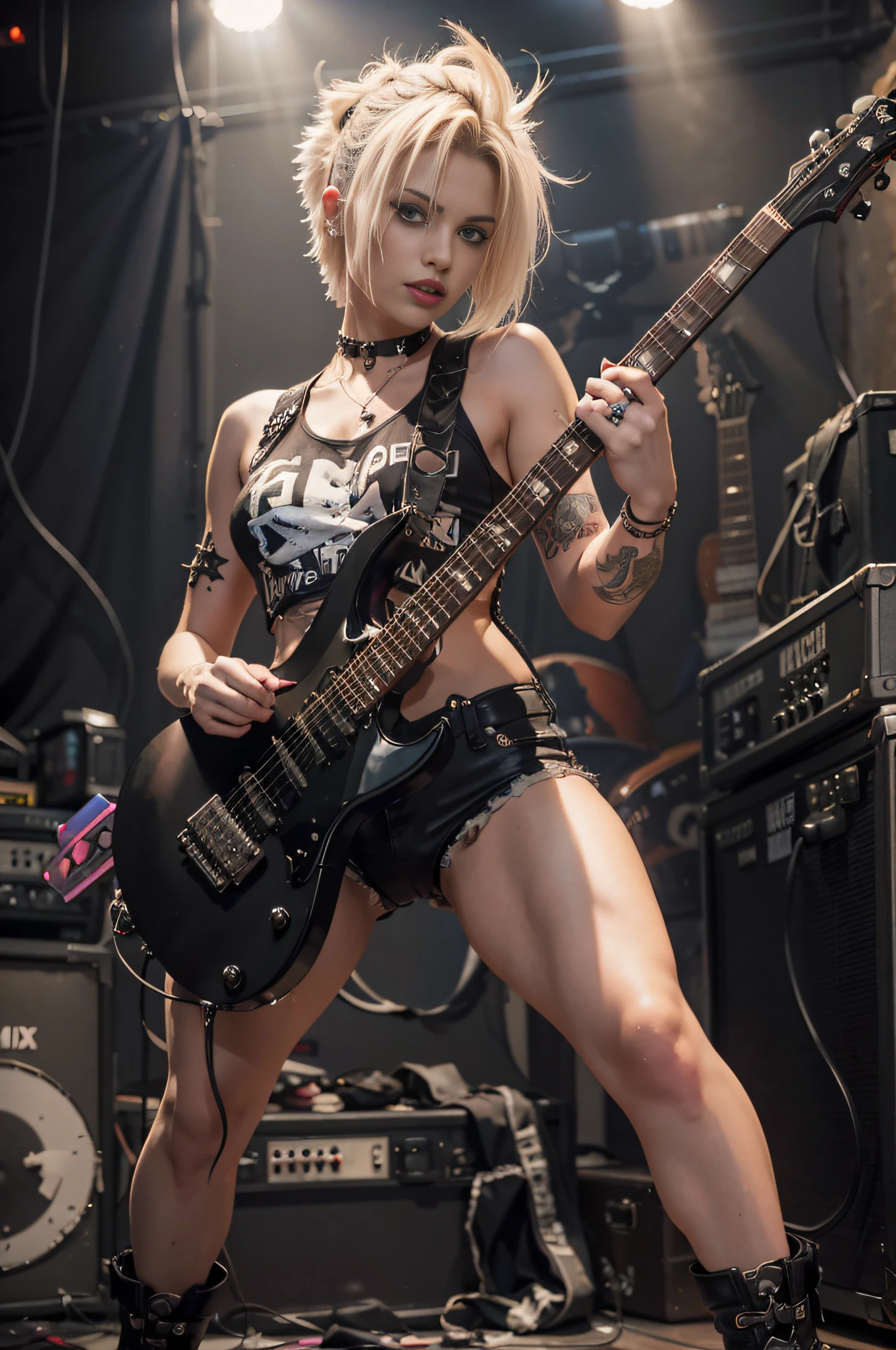 photorealistic:1.2, a rocker girl in a thong, portrait, highly photorealistic photograph, full body shot, electric guitar, edgy clothes, dark lipstick, spiky blonde and partially shaved hair, beautiful and perfect legs, confident expression, punk style ,striking pose, dynamic lighting, vibrant colors, ARRI ALEXA 65, 50mm lens