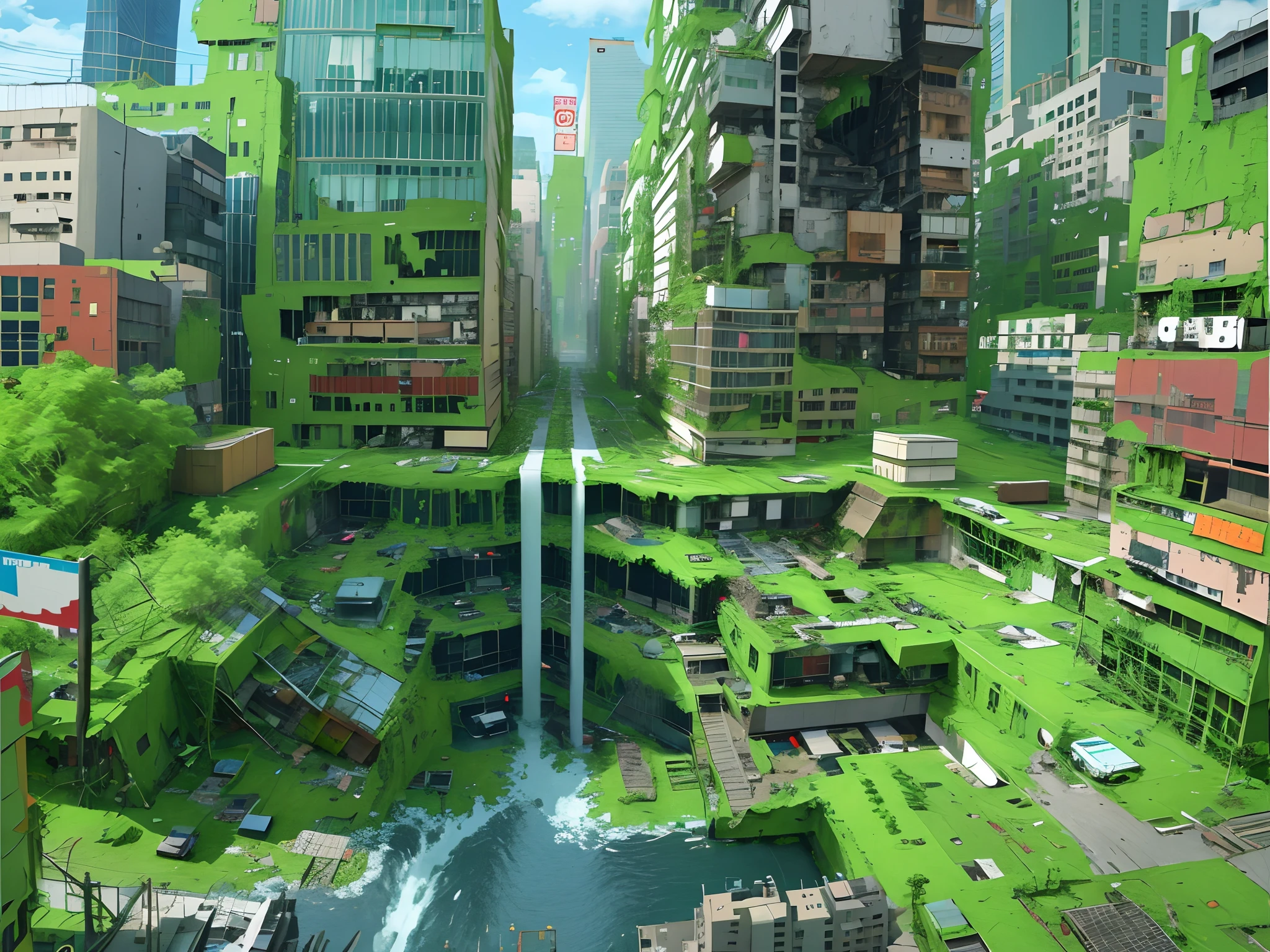 (from above,viewed from bird's-eye),A city in a Japanese apocalyptic movie,The statue of Shibuya Moai is covered in greenery,Vicissitudes,Collapsed houses,No man's street,Latter-day view, apocalyptic city backround, landscape of apocalypse city, city destruction, Destroyed cities, dystopian scifi apocalypse, destroyed city in background, Many buildings were blown up and flattened,The run-down city is overgrown with plants,Desolate view,(A complete painting),(Extremely detailed picture),(light and shadow effect),(Movie lighting),(cinema4d),(Light particle tracing),(rendering by octane),(Layered artistic effects),(Best Painting),(Master painting),(8K分辨率),photorealestic,realisticlying,shutter inventory, number art,