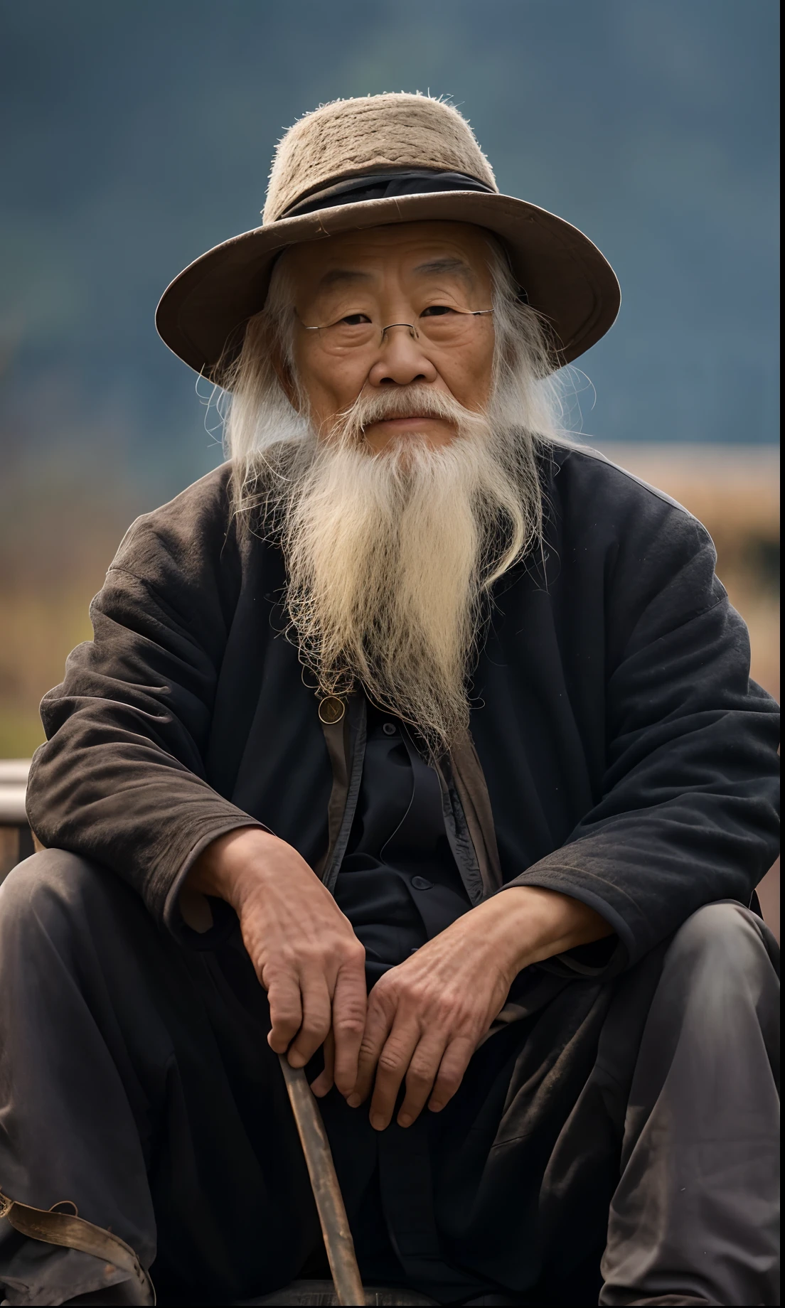 Chinese men,with a long beard,Sitting on a bench in a hat, Wise old man, An old man, portrait photo of an old man, old man, Asian people, an 80 year old man, old man portrait, old male, peaceful expression, Perfectly centered portrait, photo of a man, chinese artist, a old man,Old man with glasses