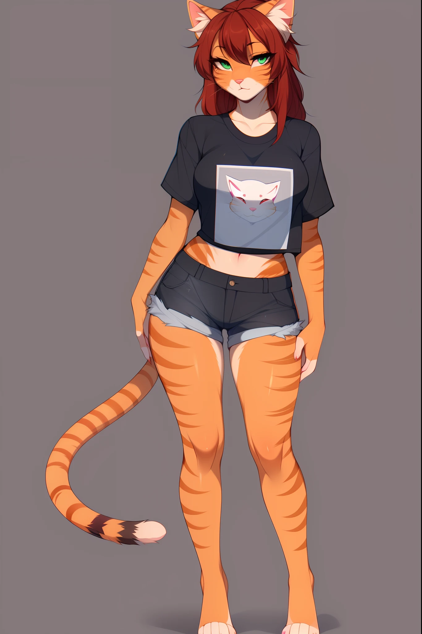 Solo:1.3, cute orange anthro tabby cat female, orange tabby cat ears, long dark scarlet red hair, green eyes, pink nose, cute snout, orange tabby cat tail, barefoot, wearing black t shirt, jean shorts, barefoot, 4 toes, by fumiko, by claweddrip, by hyattlen, raised eyebrows, simple background, standing
