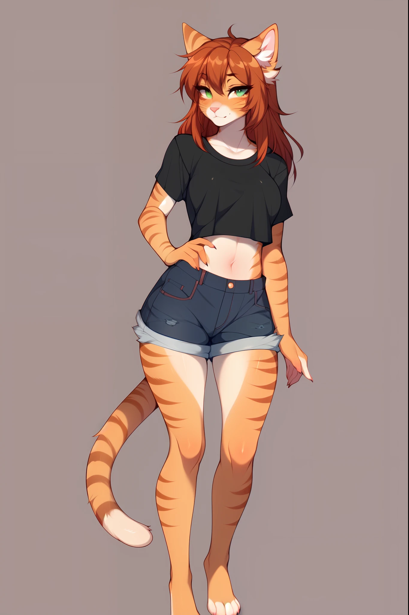 Solo:1.3, cute orange anthro tabby cat female, orange tabby cat ears, long dark scarlet red hair, green eyes, pink nose, cute snout, orange tabby cat tail, barefoot, wearing black t shirt, jean shorts, barefoot, 4 toes, by fumiko, by claweddrip, by hyattlen, raised eyebrows, simple background, standing