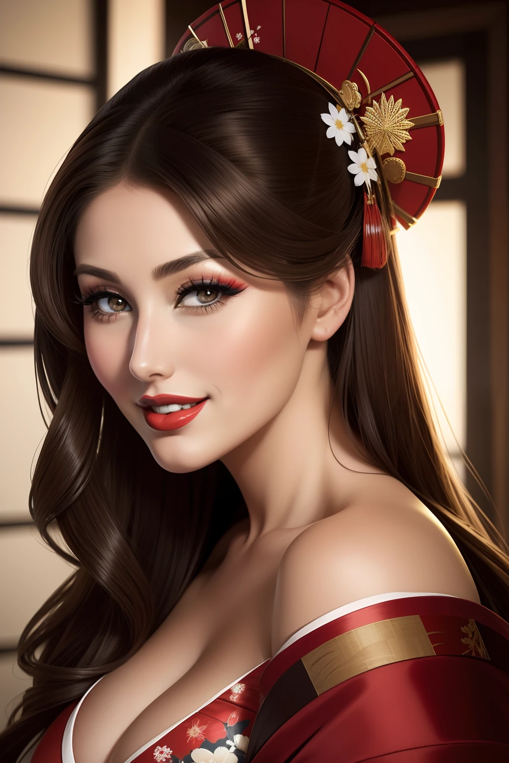 lucy pinder, face portrait, smiling, red lipstick, geisha, geisha makeup