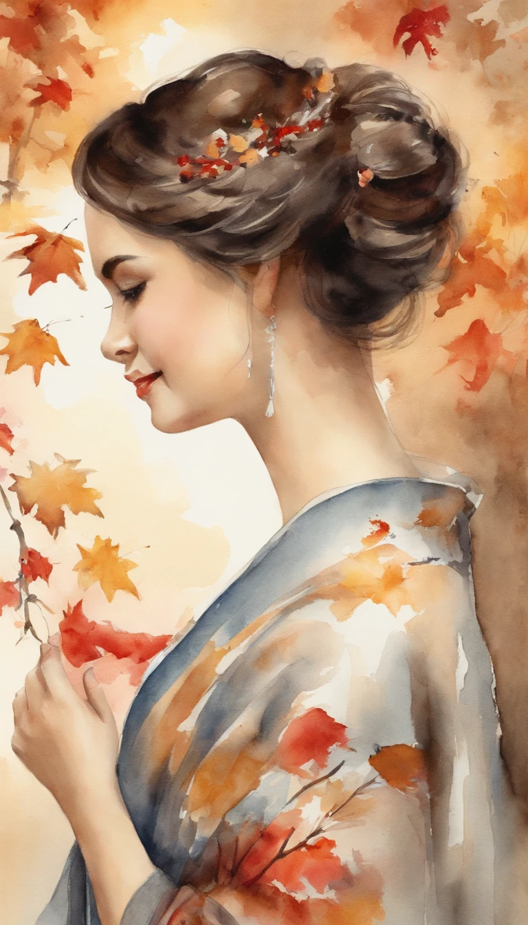 ((1girl in:), beauitful face, (Lifelike face), (A dark-haired, short-hair:1.3), Beautiful hairstyle, 二重まぶた、 Beautiful skins, Garden with beautiful autumn leaves Autumn leaves red yellow autumn leaf pattern kimono(​masterpiece)、(ultra-detailliert)、Best Illustration、detaile、(watercolor paiting:1.4)、(handdraw:1.2)、(Watercolor brush hair)、colorwater
