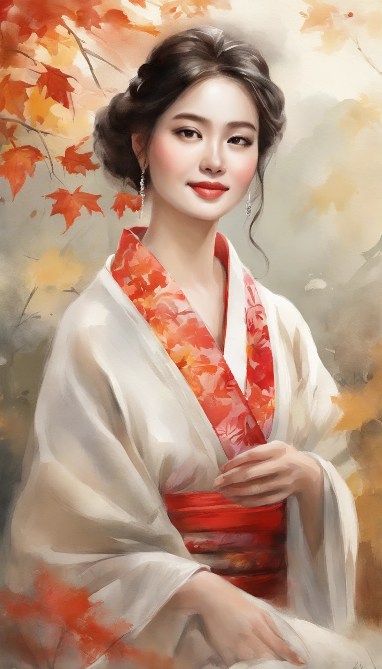 ((1girl in:), beauitful face, (Lifelike face), (A dark-haired, short-hair:1.3), Beautiful hairstyle, 二重まぶた、 Beautiful skins, Garden with beautiful autumn leaves Autumn leaves red yellow autumn leaf pattern kimono(​masterpiece)、(ultra-detailliert)、Best Illustration、detaile、(watercolor paiting:1.4)、(handdraw:1.2)、(Watercolor brush hair)、colorwater