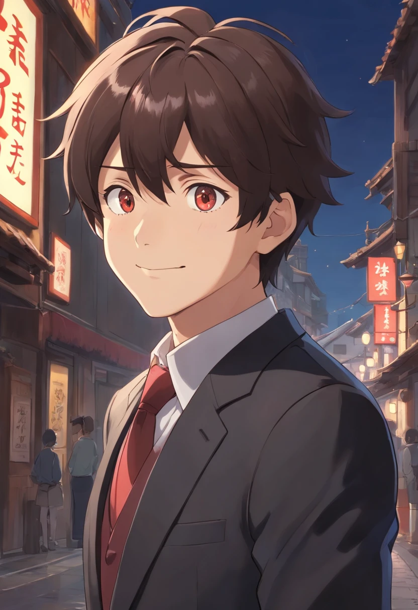 1boy, dark brown hair, reddish eyes, black suit with a only gray tie, black suit pants, smiling, profundidade de campo, master part, best quality, 1 menino, cabelos pretos, olhos vermelhos, Terno Preto.