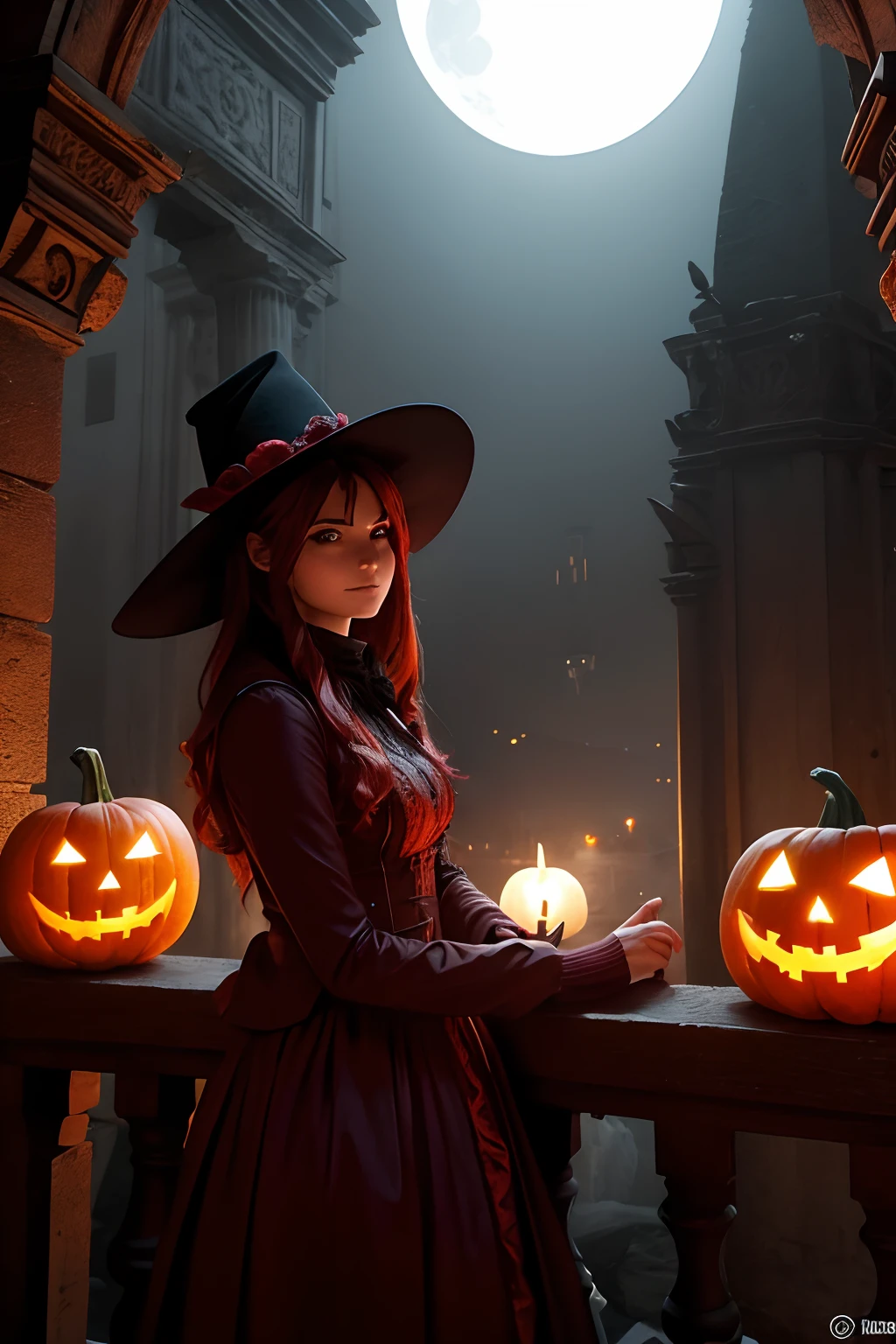 "(La mejor calidad, Altas Resoluciones, realista:1.37), Fiesta de globos de Halloween, mujer vampiro sexy en traje de momia, Hombre calvo atractivo con gafas de sol rojas, vestida de calabaza, Ambiente espeluznante, Poca luz, colores vibrantes, decoraciones espeluznantes, lleno de gente, ambiente festivo, Niebla misteriosa, Jack-o'-linternas, Spooky music, Fun and excitement"