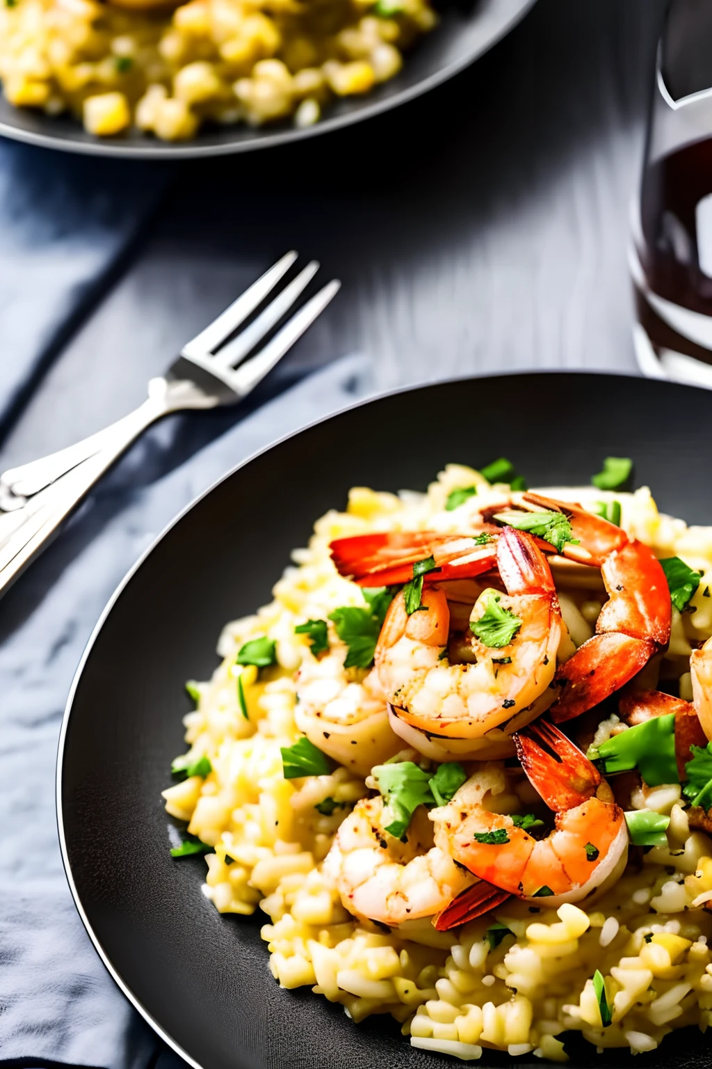 Create a dish of a shrimp risotto with fillet