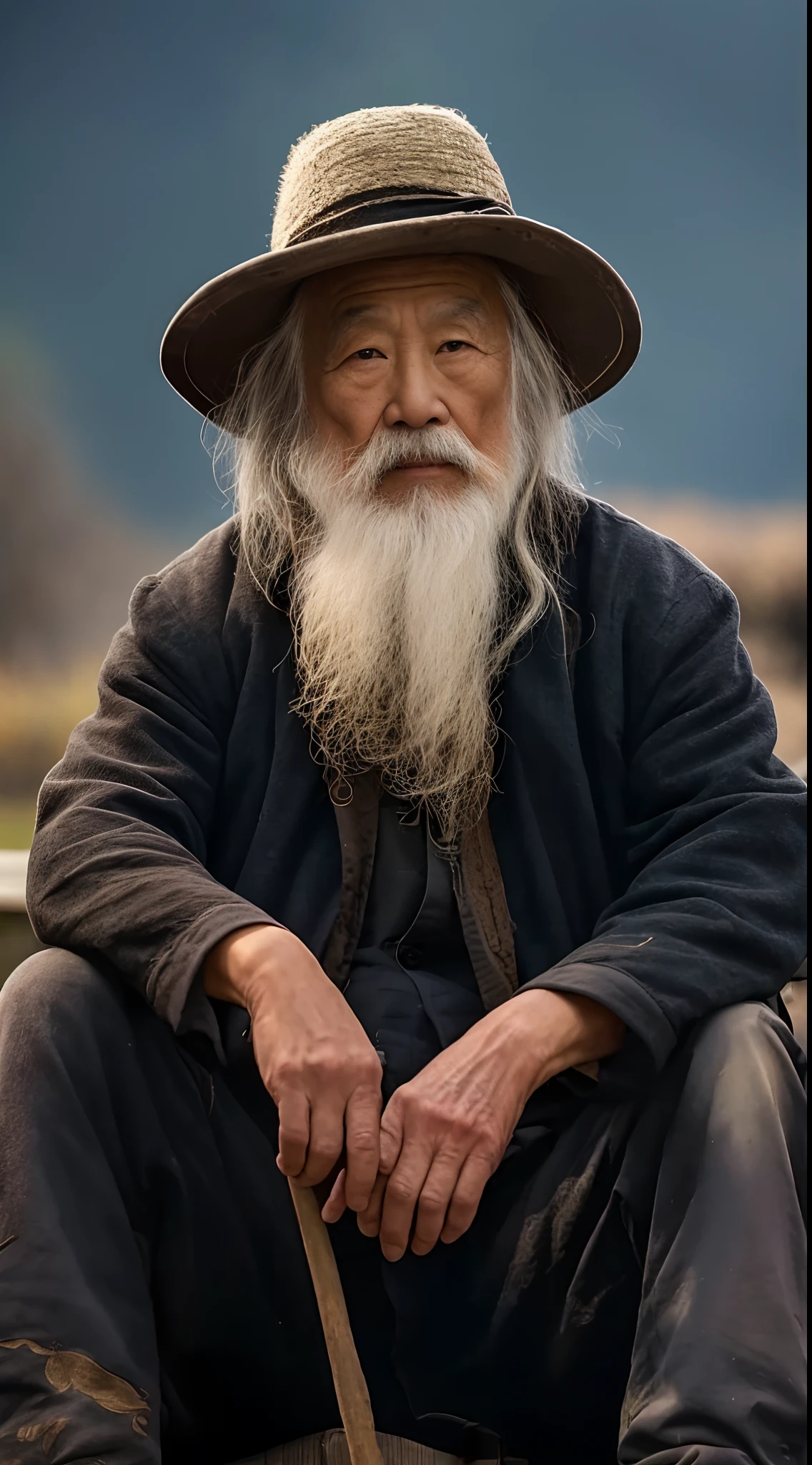 Chinese men,with a long beard,Sitting on a bench in a hat, Wise old man, An old man, portrait photo of an old man, old man, Asian people, an 80 year old man, old man portrait, old male, peaceful expression, Perfectly centered portrait, photo of a man, chinese artist, a old man,