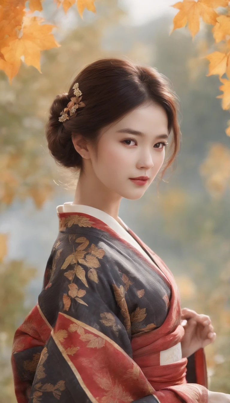 ((1girl in:), beauitful face, (Lifelike face), (A dark-haired, short-hair:1.3), Beautiful hairstyle, 二重まぶた、 Beautiful skins, Garden with beautiful autumn leaves Autumn leaves red yellow autumn leaf pattern kimono(masterpiece)、(ultra-detailliert)、Best Illustration、detaile、(watercolor paiting:1.4)、(handdraw:1.2)、(Watercolor brush hair)、colorwater