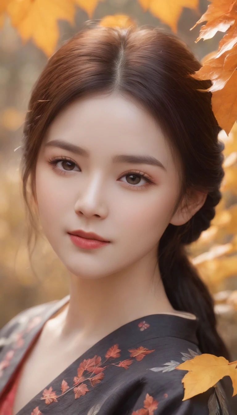 ((1girl in:), beauitful face, (Lifelike face), (A dark-haired, short-hair:1.3), Beautiful hairstyle, 二重まぶた、 Beautiful skins, Garden with beautiful autumn leaves Autumn leaves red yellow autumn leaf pattern kimono(masterpiece)、(ultra-detailliert)、Best Illustration、detaile、(watercolor paiting:1.4)、(handdraw:1.2)、(Watercolor brush hair)、colorwater