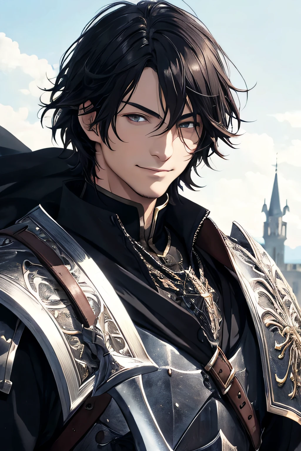 ((ArtStation)), ((Realistic face)), masterpiece, best quality, 1man, adult, masculine, male focus, mature, 30 year old, solo, black hair, smile, smirk, arrogant, ENTP man, medium lenght hair, vibrant dark eyes, looking at viewer, cape, High quality metal texture, closed mouth, bangs, high collar,(kbxll:0.6), Fantasy aesthetics, Highly detailed, shadowverse style, medieval castle, knight, full plate armor, holding a axe