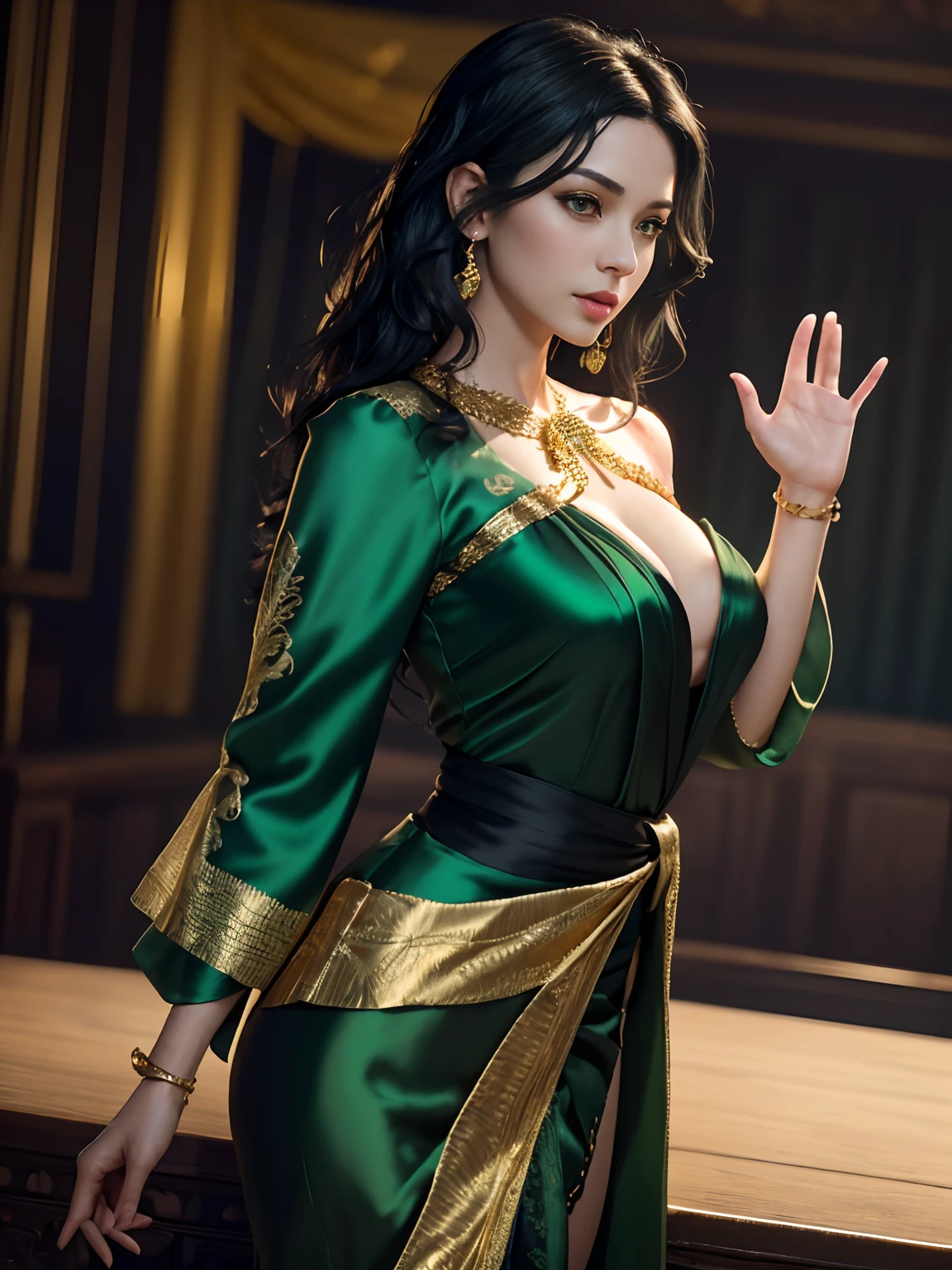 Photorealistic Production, (One Person), (Realistic Image of a 25 Years Old British Female Model), (Shoulder-level Wavy Black Hair:1.6), (Pale Skin:1.4), (Wearing a Green Ornated Kebaya Dress with Silk Cloth and Golden Jeweleries:1.6), (Cheerful Face), (Deep Cleavage), (Waving hand Pose:1.4), Centered, (Waist-up Shot:1.4), Dynamic Angle, View From Front, Movie Still, Insane Details, Intricate Scene Details, Cinematic Shot and Lighting, Bokeh Effect, Vibrant and Realistic Colors, Masterpiece, Sharp Focus, Ultra Detailed, Taken with DSLR Camera, Realistic Photography, Depth of Field, Incredibly Realistic Environment and Scene, Master Composition and Cinematography, Trending on Artstation--Style Raw