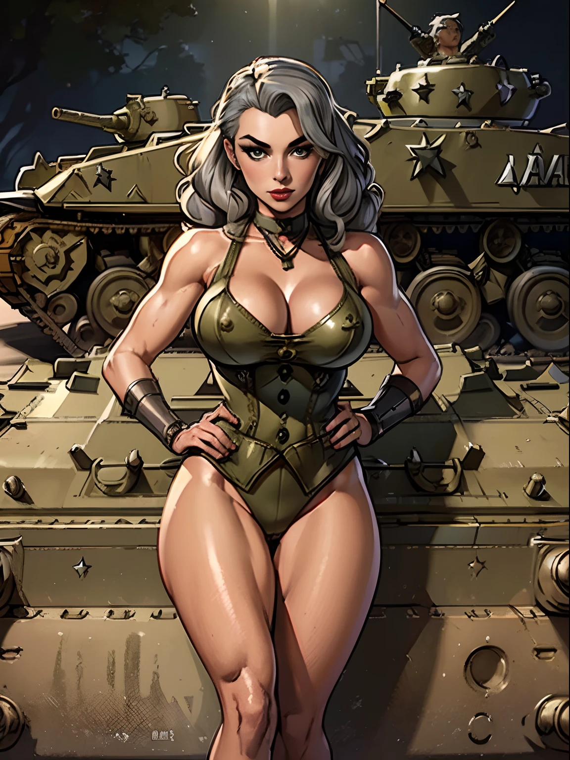 (masterpiece, top quality, best quality, official art, beautiful and aesthetic:1.2), (1girl:1.3), (gray hair victory curls), vintage 1940's American hairstyle, extremely detailed, portrait, looking at viewer, solo, (full body:0.6), detailed background, close up, vintage makeup, retro style, (warm summer military base theme:1.1), pinup girl, elegant face, long face, charlatan, smirk, mysterious, posing on top of a tank, riding the gun, barrel of the tank between her legs, patriotic costume, high heels, legs, M4 Sherman tank, WWII tank, armored version vehicle,, (((( medium, breast )))), toned, slim waist, slim hips, long legs, muscular legs, historical (WW2 army base exterior:1.1) background, dark mysterious lighting, shadows, magical atmosphere, dutch angle