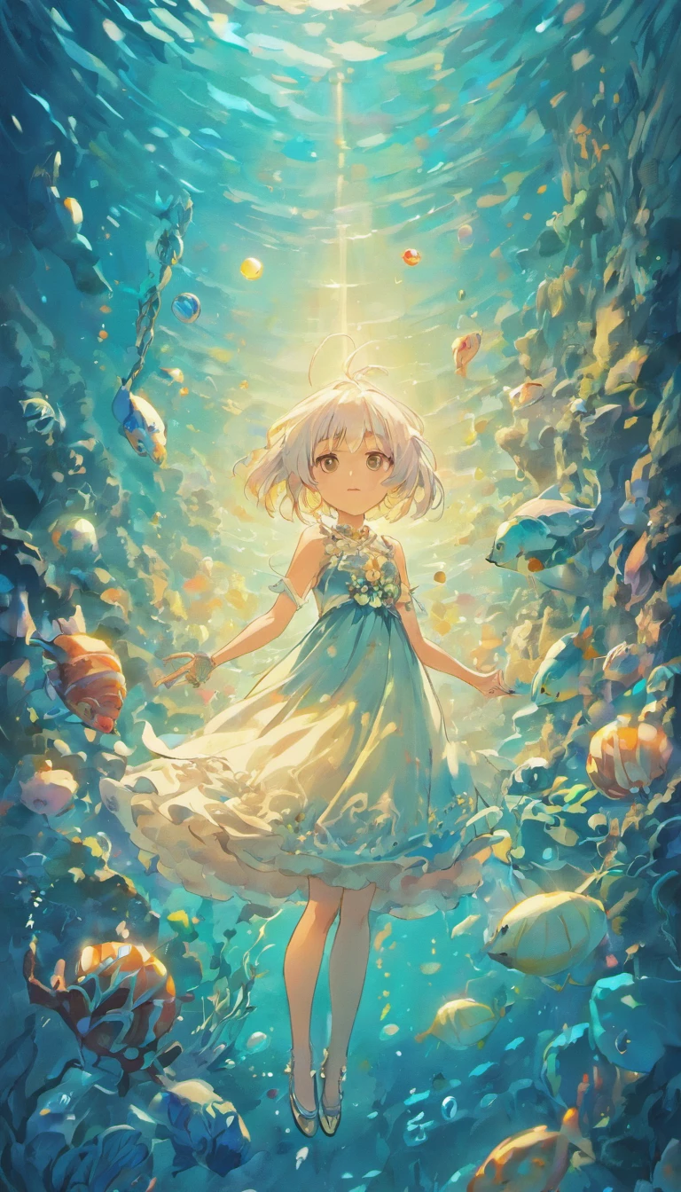Undersea juvenile silver-haired shell house,Girl with short white hair,Colorful bubbles,a plant,Glowing small fish,Sparkling,ocean floor,( reasonable design, Clear lines, High sharpness,Best quality, Very detailed, Masterpiece, movie light effect, 4K )