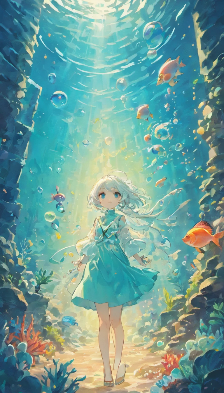 Undersea juvenile silver-haired shell house,Girl with short white hair,Colorful bubbles,a plant,Glowing small fish,Sparkling,ocean floor,( reasonable design, Clear lines, High sharpness,Best quality, Very detailed, Masterpiece, movie light effect, 4K )