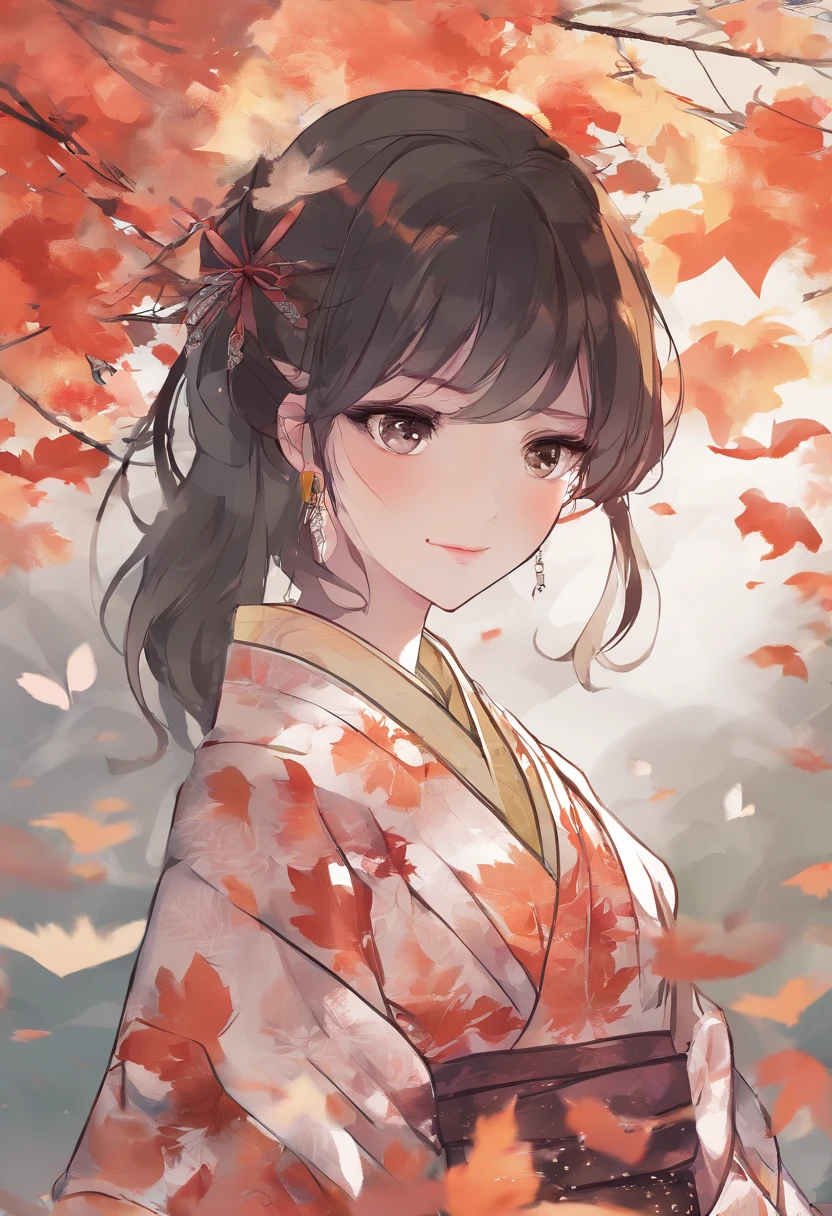 ((1girl in:), beauitful face, (Lifelike face), (A dark-haired, short-hair:1.3), Beautiful hairstyle, 二重まぶた、 Beautiful skins, Garden with beautiful autumn leaves Autumn leaves red yellow autumn leaf pattern kimono(masterpiece)、(ultra-detailliert)、Best Illustration、detaile、(watercolor paiting:1.4)、(handdraw:1.2)、(Watercolor brush hair)、colorwater
