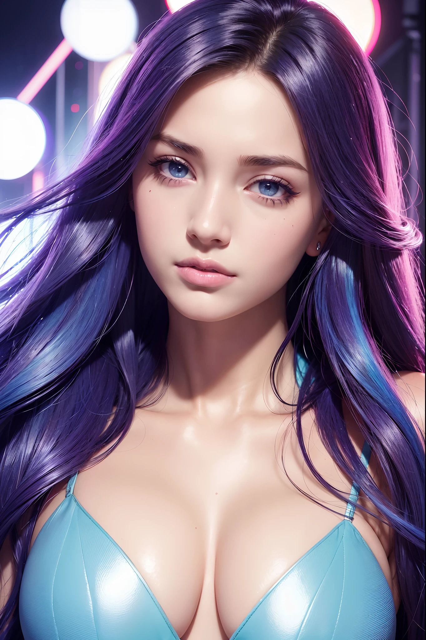 Hyper realistic professional mid body portrait, one stunningly beautiful 38 years old girl, shining long blue and violet haired, long curly hair, hyper detailed and perfect, intense detailed eyes, perfect face, dark makeup ultra detailed, extemly detalled and perfect face, hyper detailed perfect lips, ultra most beautiful woman ever, cinematic photo neon sign,neon lights, sunset, reflective puddles, scifi,85mm photograph, film, bokeh, professional, 4k, highly detailed, sharp focus