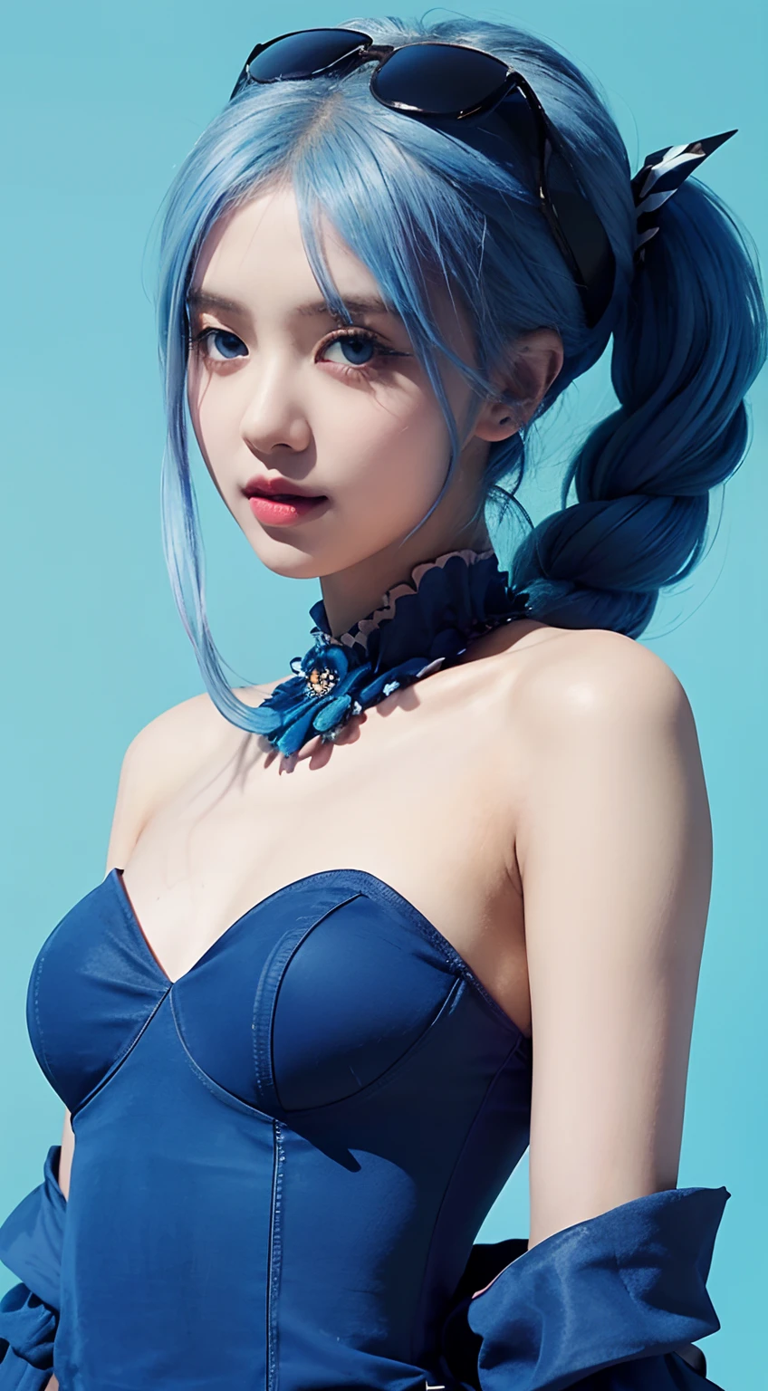 Girl with blue Hair, blue dress, blue theme, blue background