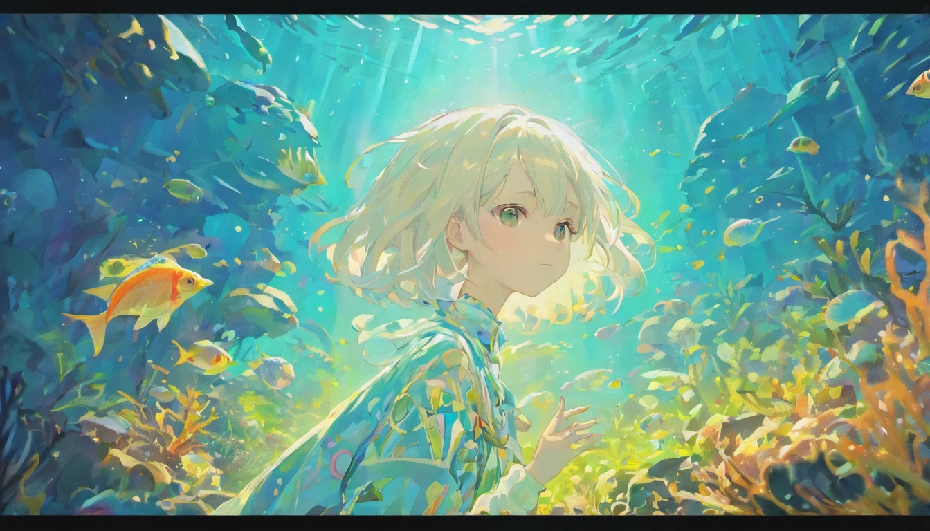 Undersea juvenile silver-haired shell house,Girl with short white hair,Colorful bubbles,a plant,Glowing small fish,Sparkling,ocean floor,( reasonable design, Clear lines, High sharpness,Best quality, Very detailed, Masterpiece, movie light effect, 4K )