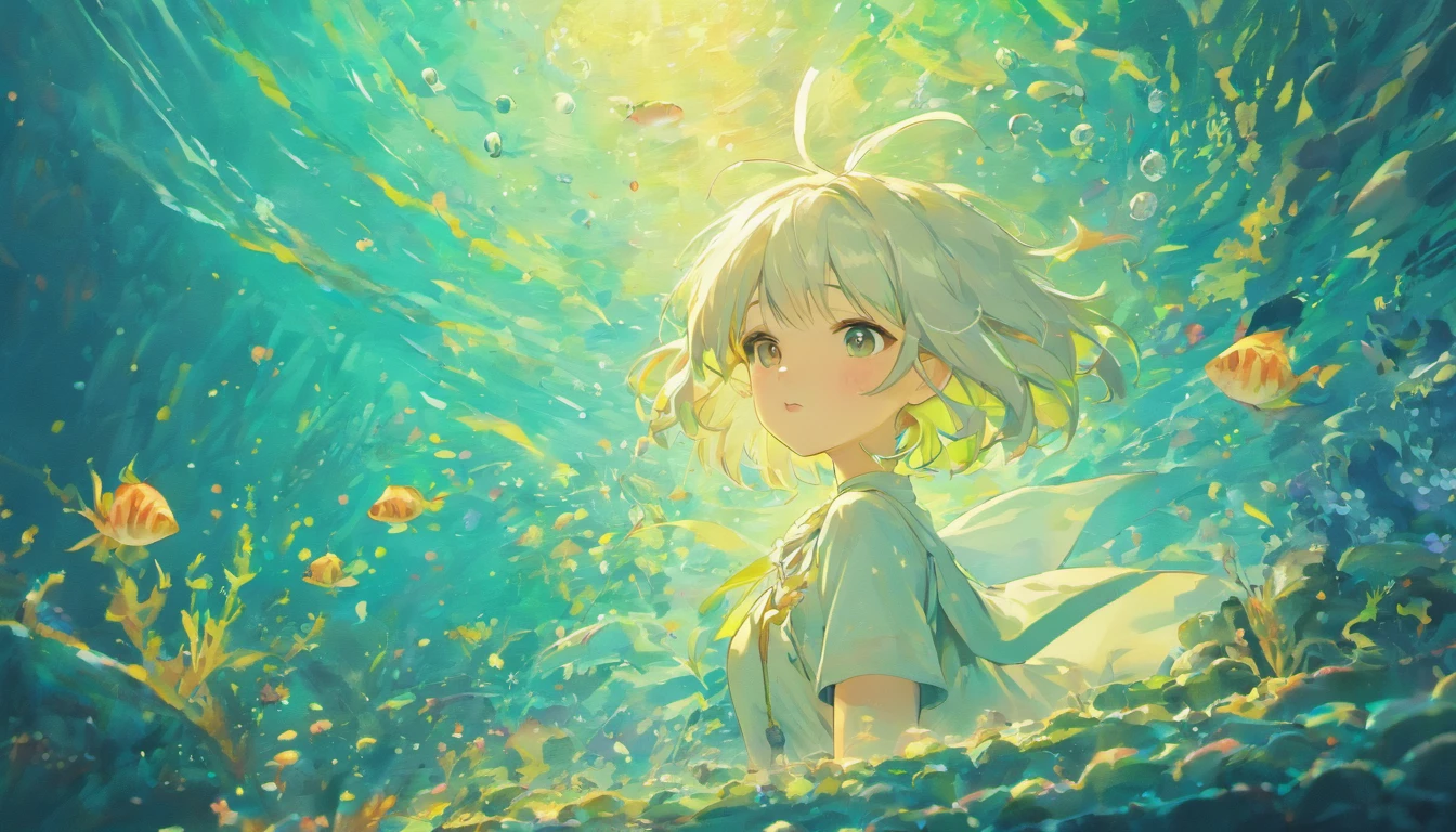 Undersea juvenile silver-haired shell house,Girl with short white hair,Colorful bubbles,a plant,Glowing small fish,Sparkling,ocean floor,( reasonable design, Clear lines, High sharpness,Best quality, Very detailed, Masterpiece, movie light effect, 4K )