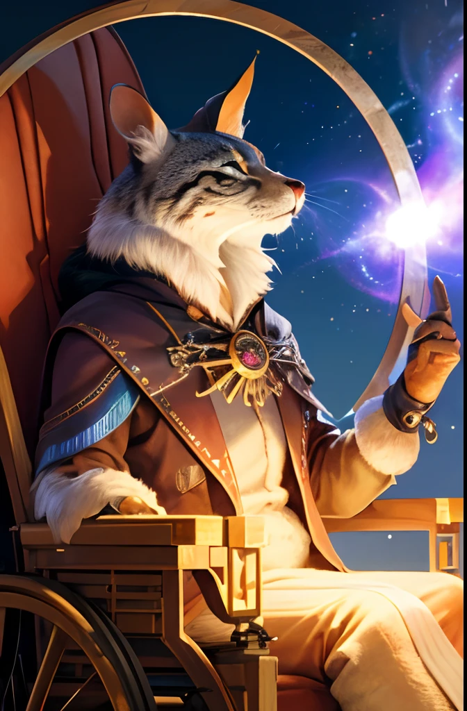 (best quality,4k,8k,highres,masterpiece:1.2),ultra-detailed,(realistic,photorealistic,photo-realistic:1.37),portrait,artificer in a wheel chair,male tabaxi,giant wheel chair,animated,jeweled,bright colors,intense lighting,mechanical contraptions,detailed fur,textured fabrics,steampunk theme,workshop,tools and gadgets,magical aura,mystical symbols,curiosity and wonder,adventurous spirit,array of potions and vials,enchanting atmosphere,magic sparks and effects.