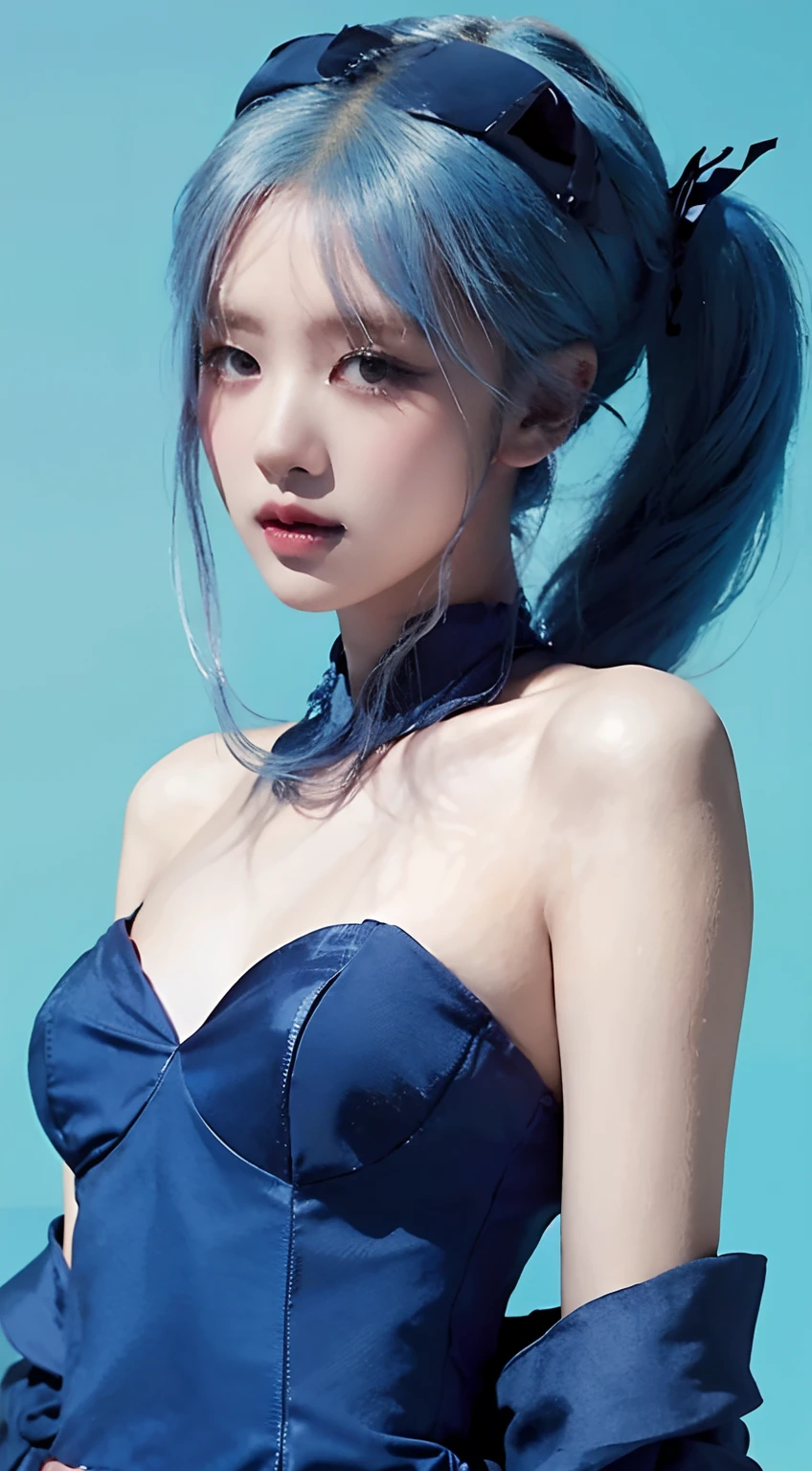 Girl with blue Hair, blue dress, blue theme, blue background