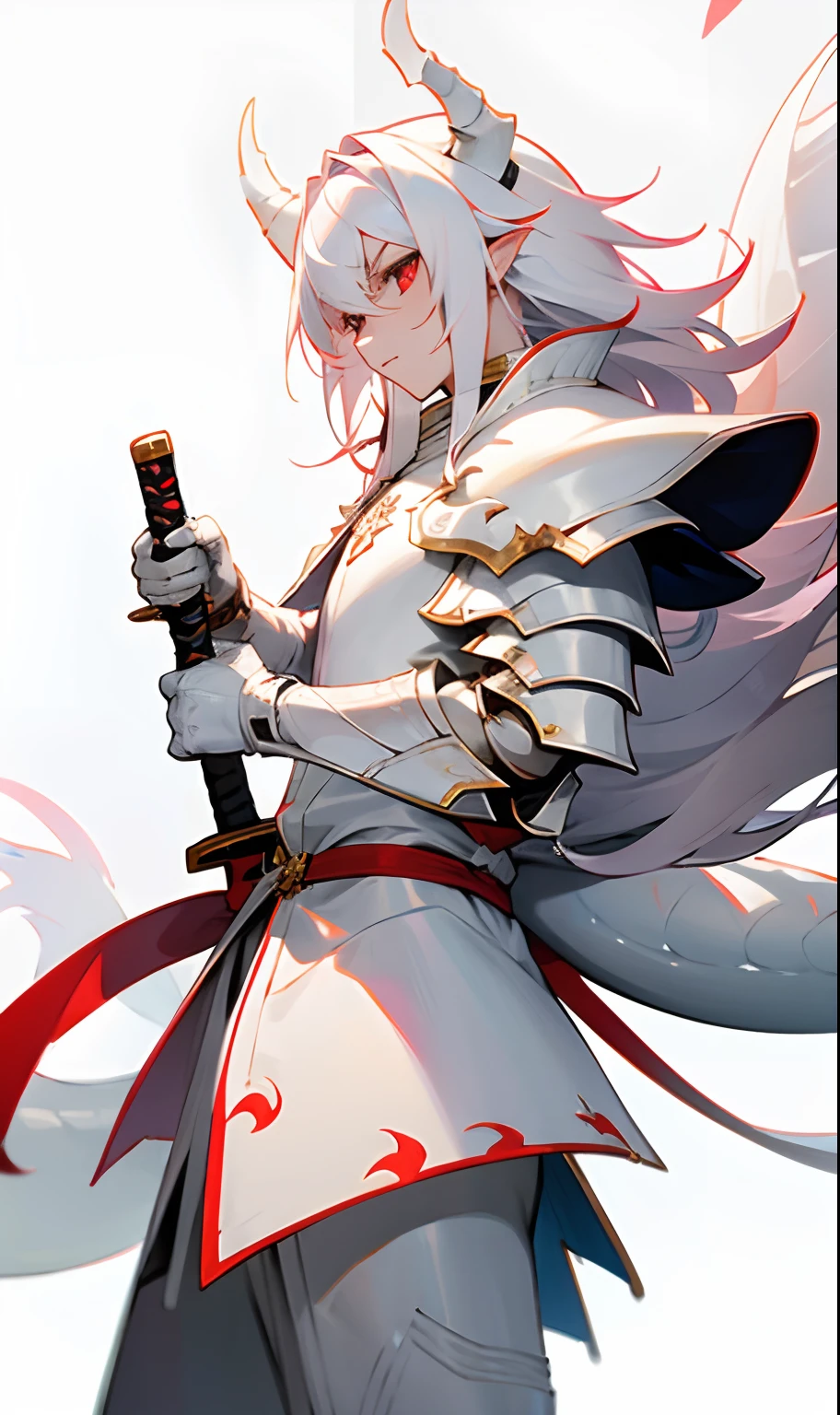 Boy wearing a white dragon armor while white scales surround his skin and white horns and white dragon tail were seen while he holds a white sword and red eyes long white hair